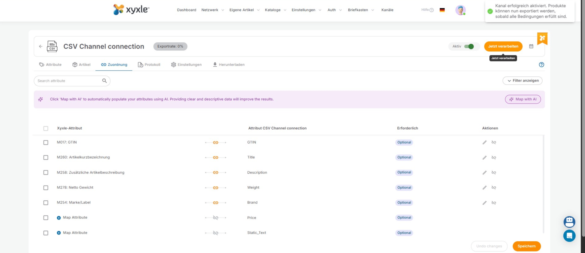 Cliquez sur « Traiter maintenant » pour traiter ce canal CSV.