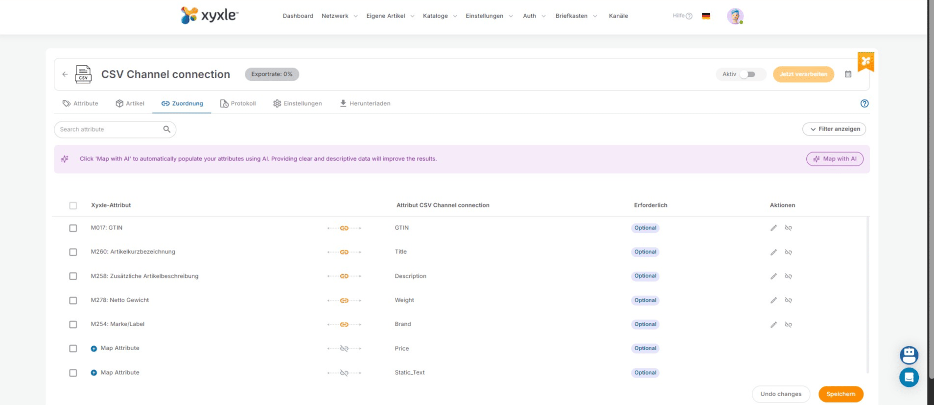 Cliquez sur « Speichern » lorsque vous êtes prêt. Comme vous pouvez le constater, nous avons deux attributs vides qui n'ont pas été mappés.