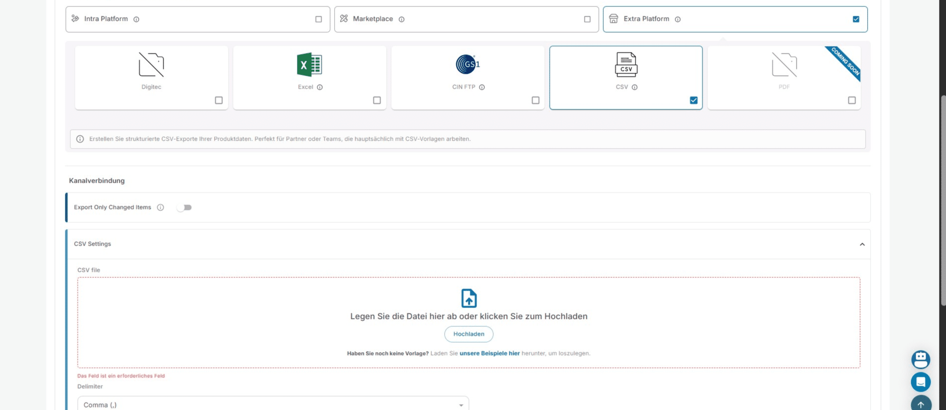 Cliquez sur « Unsere Beispiele hier » si vous n'avez pas encore de fichier CSV. Vous pourrez alors télécharger un exemple pour mieux visualiser le contenu.