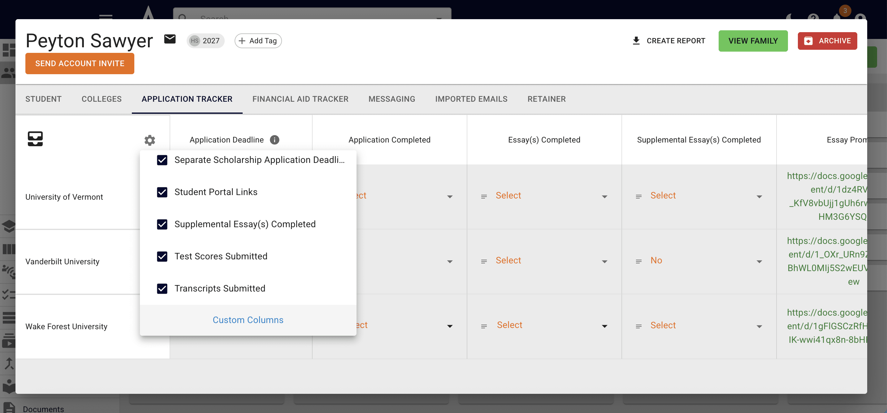 At the very end of the list, you'll see a **Custom Columns** option. Click on that to add your own columns to the app tracker. 
