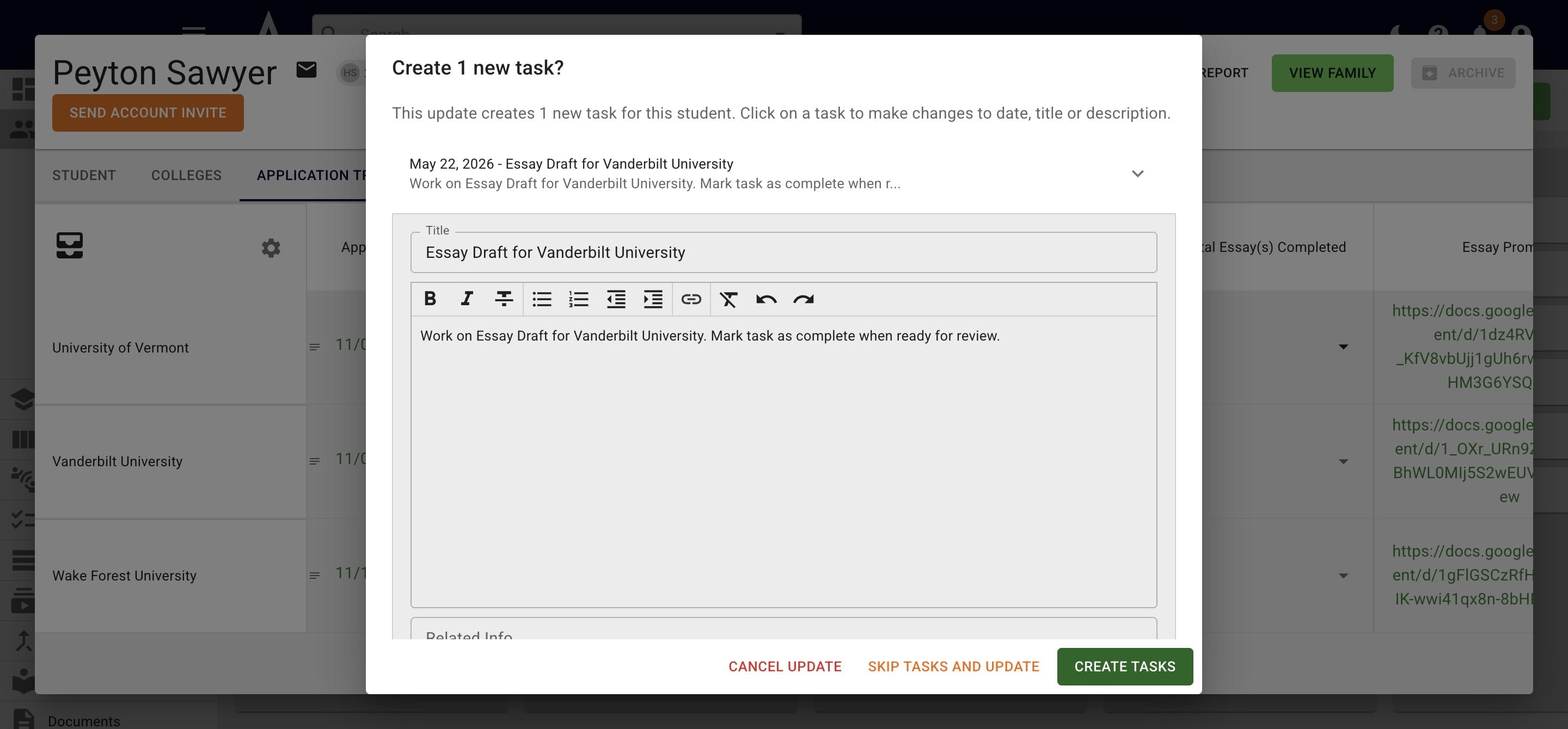 For both of these tasks, you edit the wording as needed and choose to either create the task or skip assigning it. 