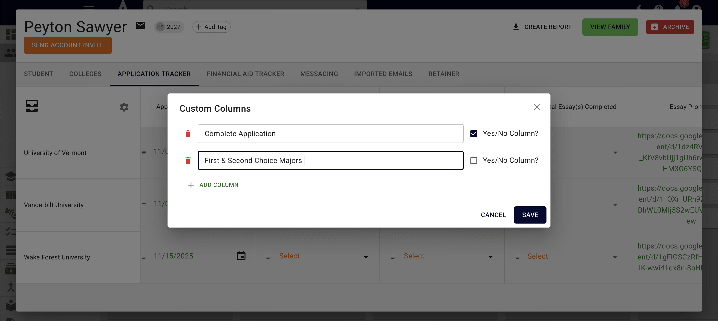 A pop up will appear that allows you to add as many columns as you'd like. For each column, you'll choose if you want it to be a **Yes/No drop down** or **open text** field. Press **Save** when you're done adding columns. 