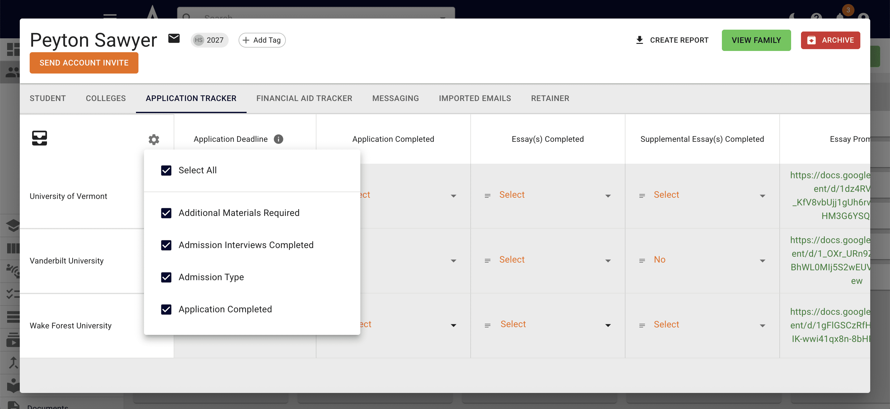 To customize the columns that appear in the app tracker, press on the **Gear** icon. Then (un)check the boxes to change which default columns appear. 