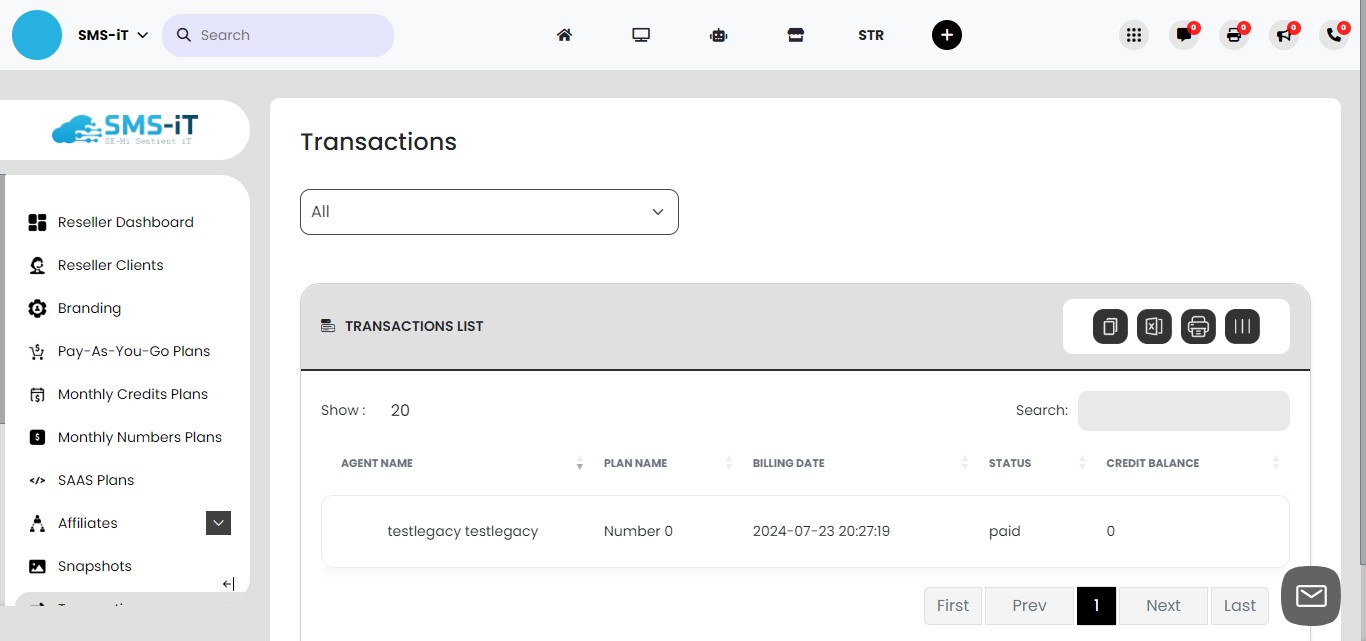 The **Transactions List** provides a comprehensive overview of all your client accounts. This static dashboard displays key information for each account, including:
           - Account Name
           - Plan Name
             - Billing Date
             - Status
          - Credit

**Note:** To make changes to client accounts, you must return to the "Reseller Accounts" section, as the Transactions List is for viewing purposes only.