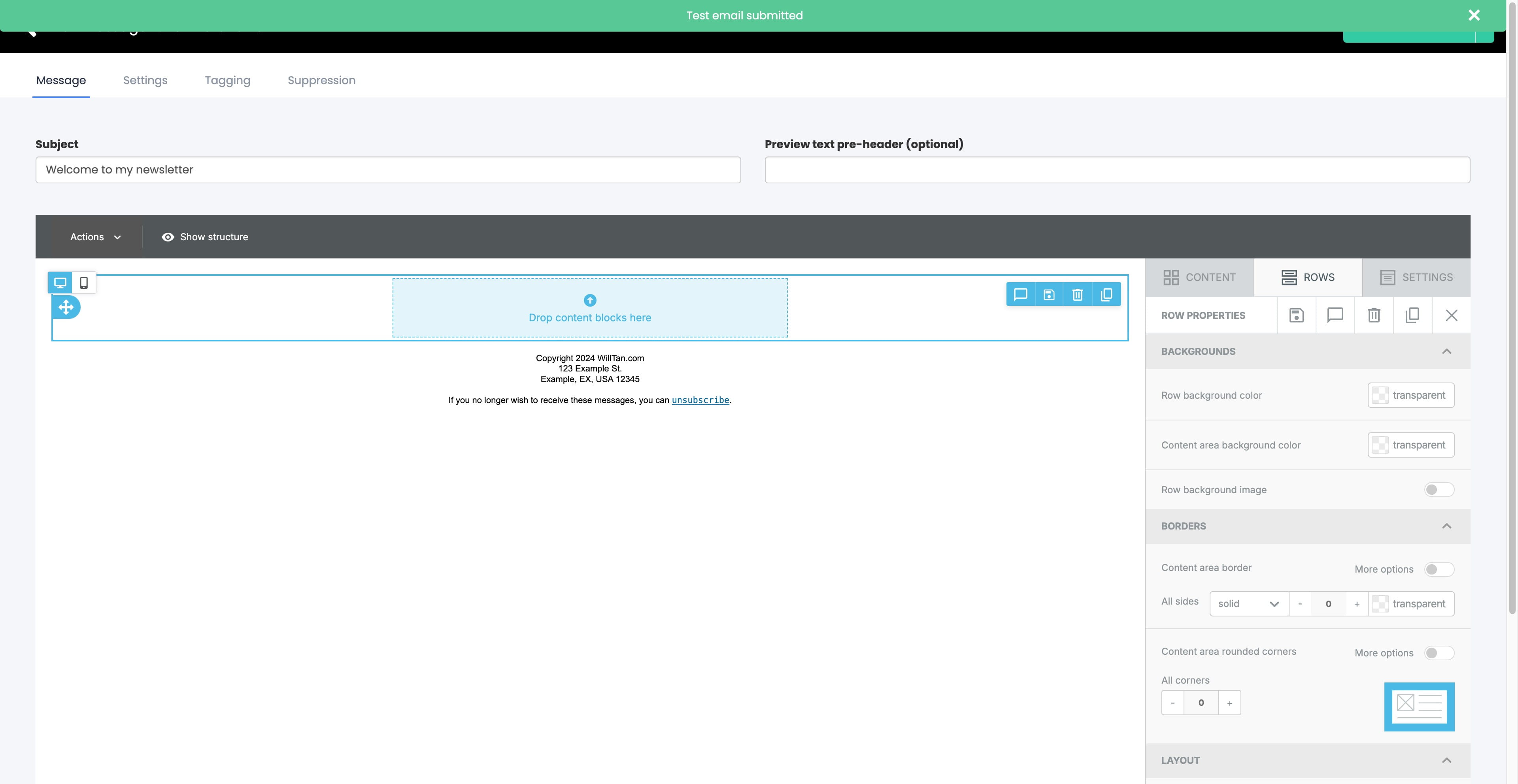 Click on "Test email submitted"