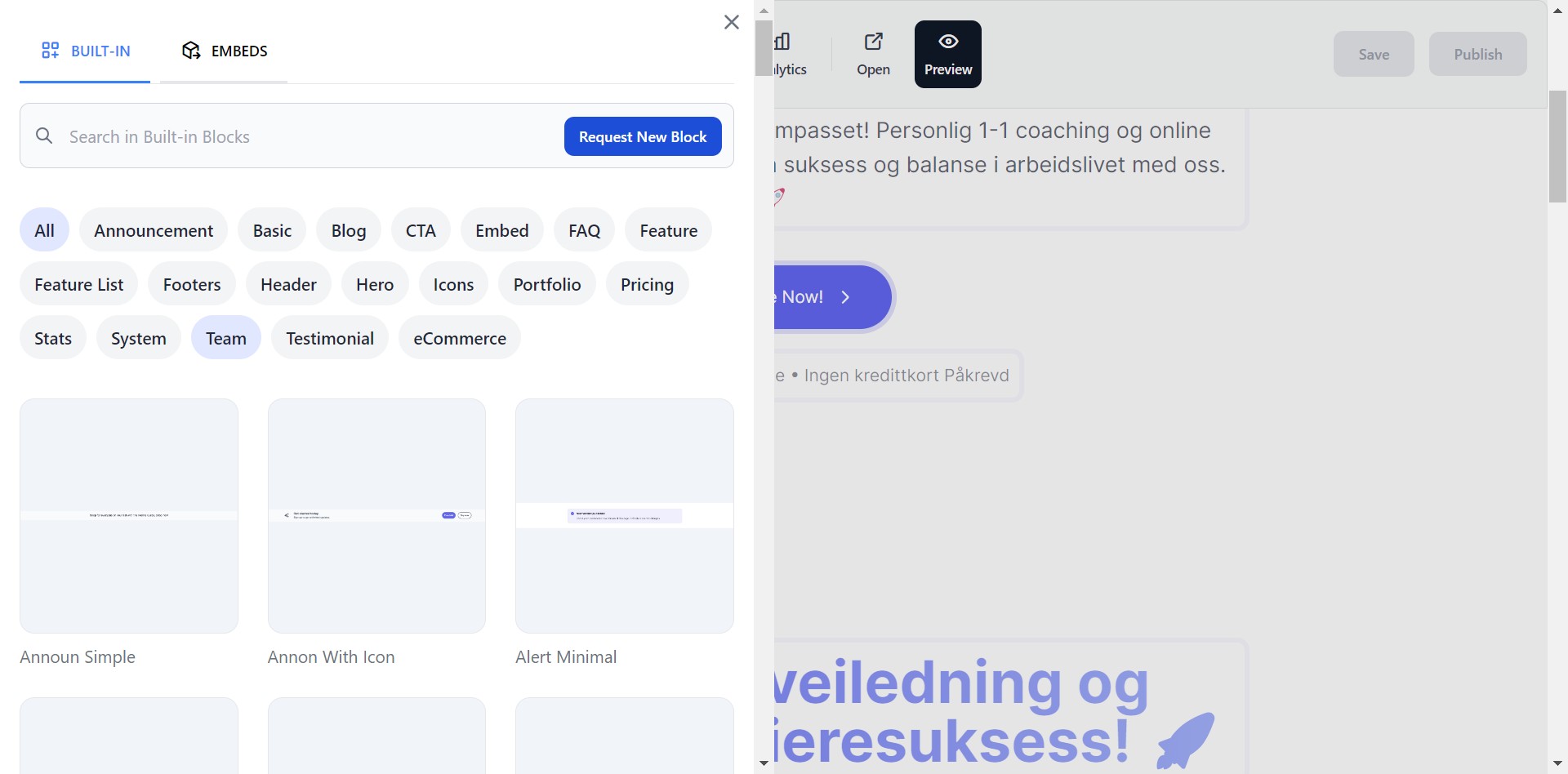 Klikk på kategori du ønsker. I dette eksempelet velger vi "Team" for å presentere personer som jobber i ditt team.