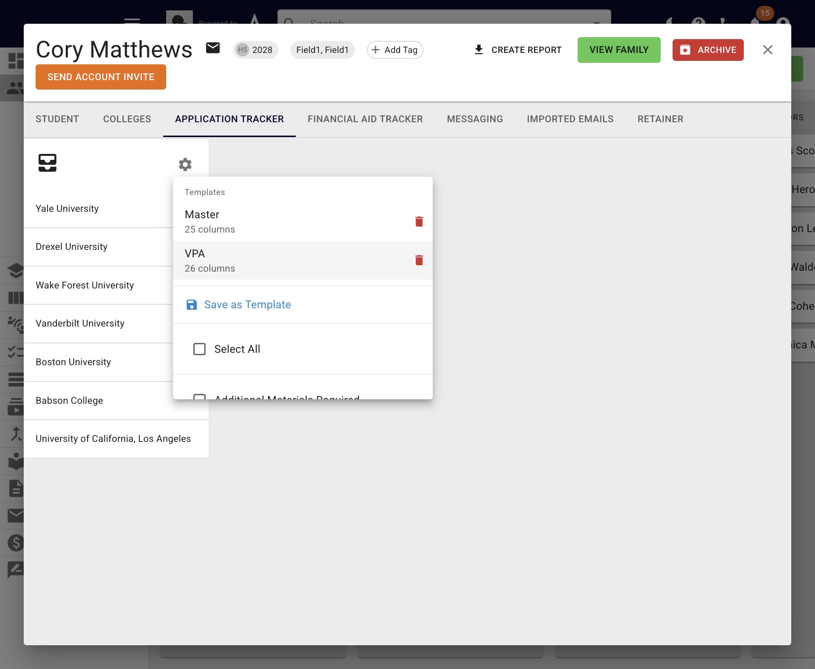 To add or change a student's app tracker template, simply click on the template you want to use. 