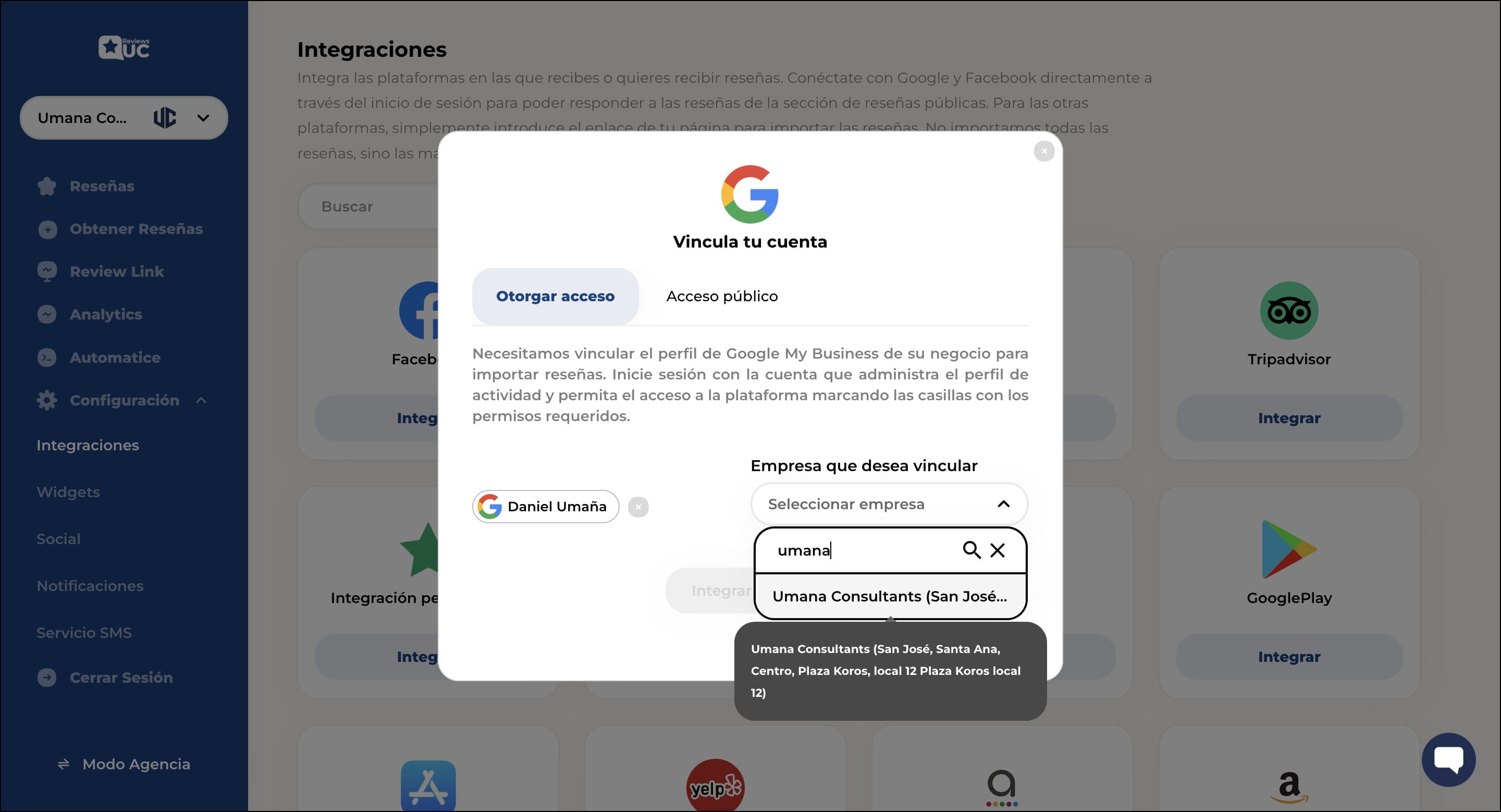 Seleccionamos de la lista desplegable nuestro negocio