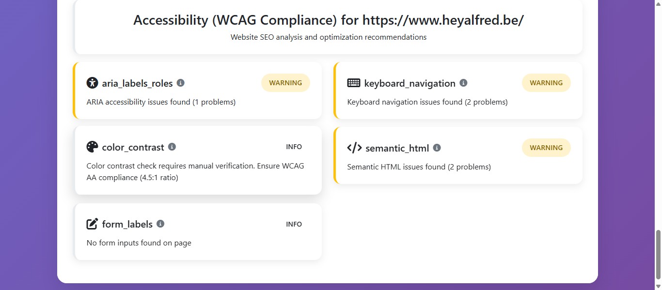 Cette section concerne le contraste des couleurs sur le site web.
Il y aun avertissement car  le contraste des couleurs entre le texte et l'arrière-plan ne respecte pas toujours les exigences de l'accessibilité WCAG AA (Web Content Accessibility Guidelines). 
Il est donc nécessaire de vérifier manuellement le contraste des couleurs et de l'ajuster pour répondre aux critères WCAG AA, en particulier pour les utilisateurs malvoyants.