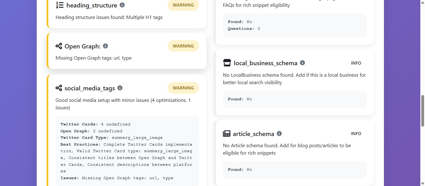 Les balises Open Graph permettent de contrôler l’affichage de vos pages lorsqu’elles sont partagées sur les réseaux sociaux. Sans ces balises, les plateformes peuvent mal interpréter la page, afficher un aperçu incorrect ou incohérent, ce qui réduit la visibilité et l’attractivité des partages.