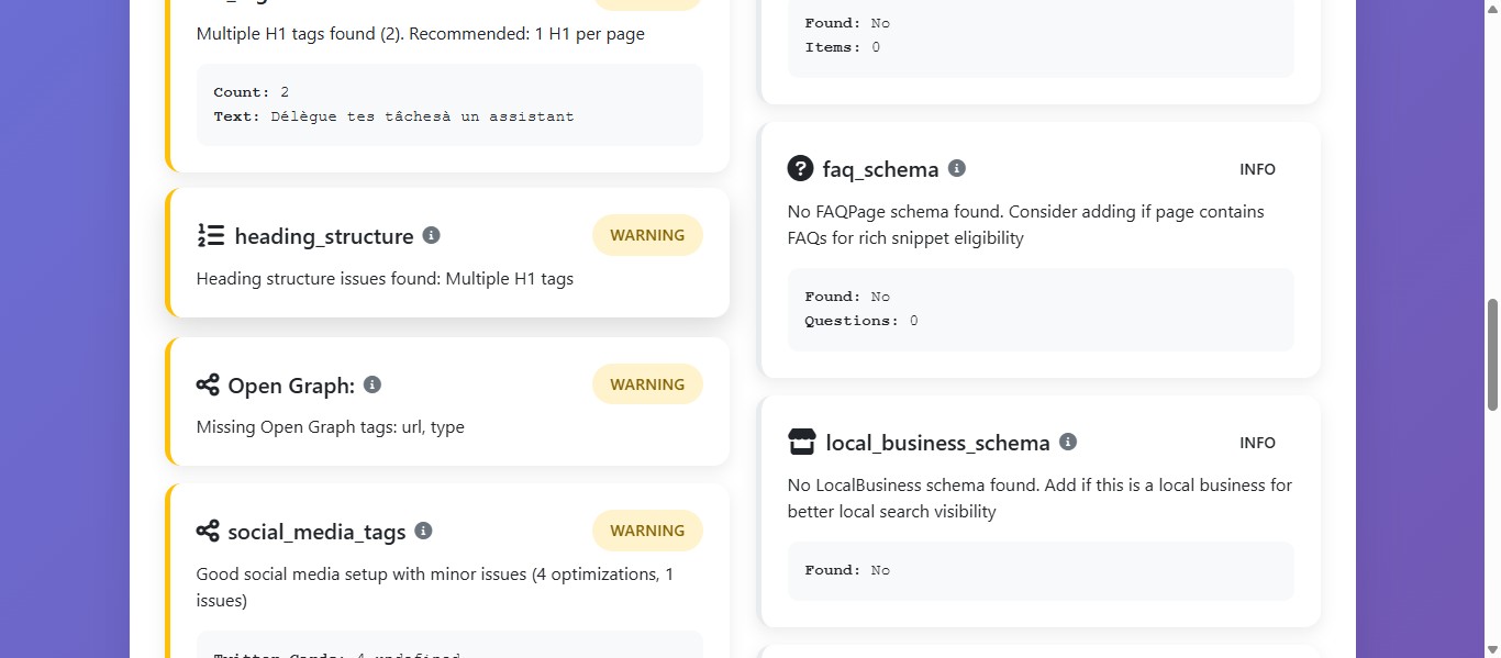 Cette section analyse la structuration des titres présents sur la page. Dans notre exemple il y a plusieurs H1 sur la page.