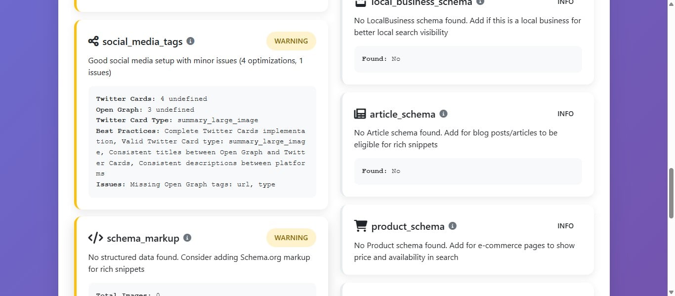 Le balisage Schema.org (données structurées) permet aux moteurs de recherche de mieux comprendre le contenu de vos pages. Sans ce markup, votre site risque de ne pas bénéficier des rich snippets (résultats enrichis) dans Google