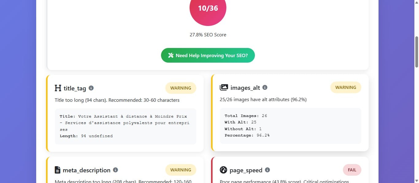 Cette tuile est le resultat de l'analyse des alt images.
Dans notre exemple, il y a 25 images avec alt et 1 sans alt