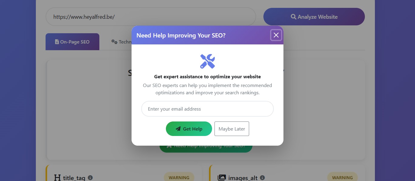 Saisissez votre adresse mail afin que des experts en référencement vous contacte pour vous aider à mettre en œuvre les optimisations recommandées et à améliorer votre positionnement dans les résultats de recherche.
