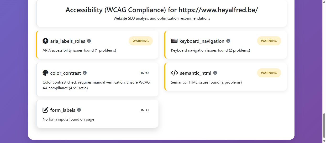 Cette section traite des étiquettes de formulaire utilisées sur le site web.
Ici le remarque concerne le fait que le site ne contient pas de champs de formulaire détectés, ou il manque les étiquettes.