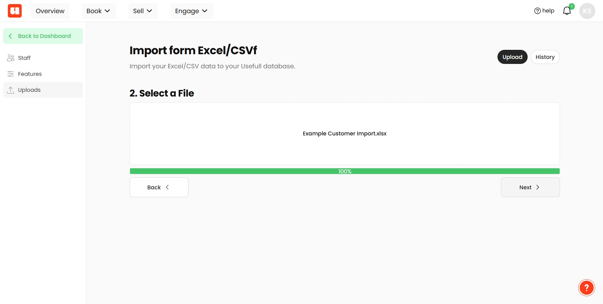 1. You will be prompted to upload your customer list.
2. Click to select your file, or drag and drop it into the upload area.
3. Wait for the upload to reach **100%**.
4. Click **Next**.