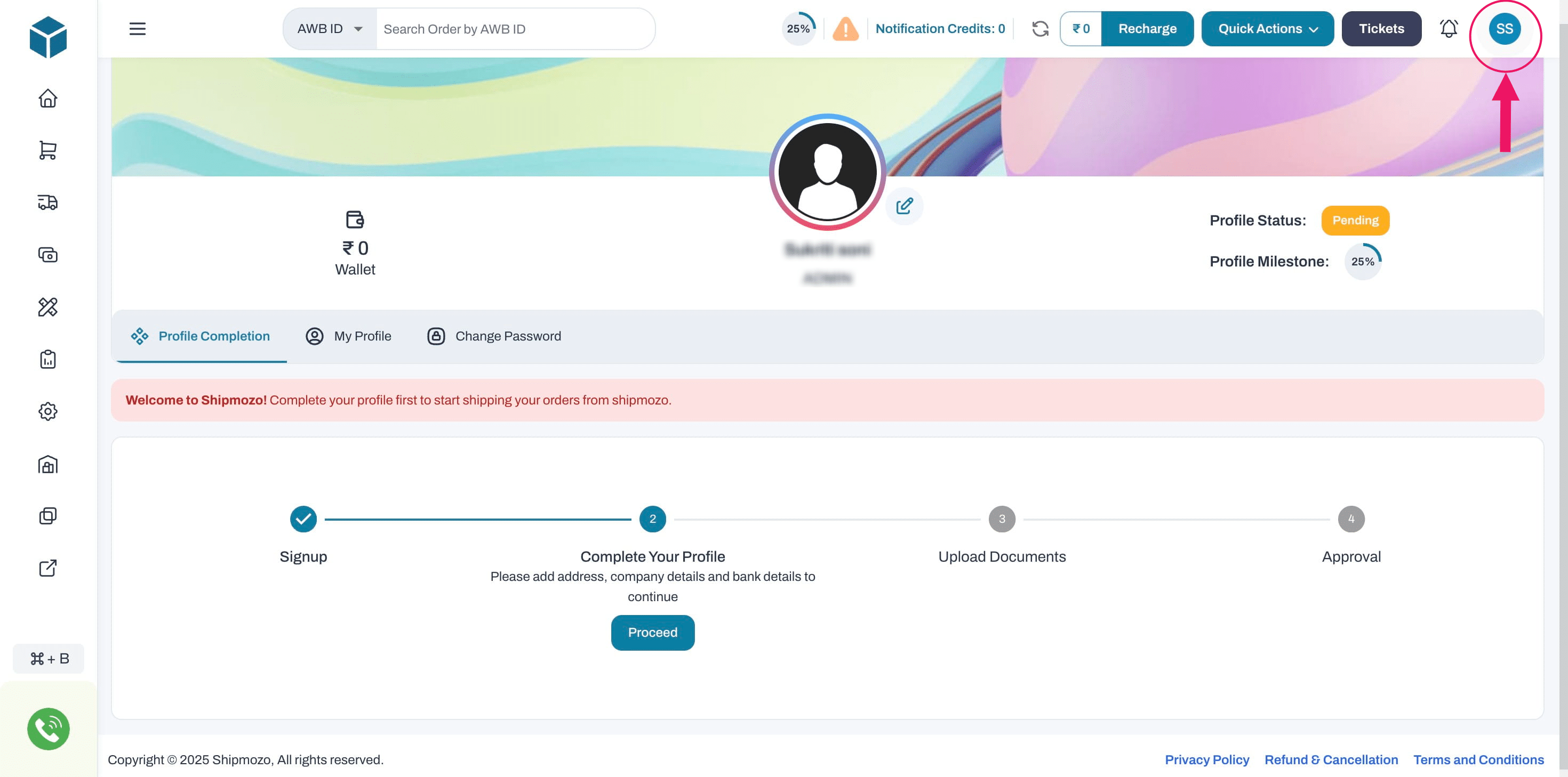 Click your **profile icon** on the top-right of the dashboard.
