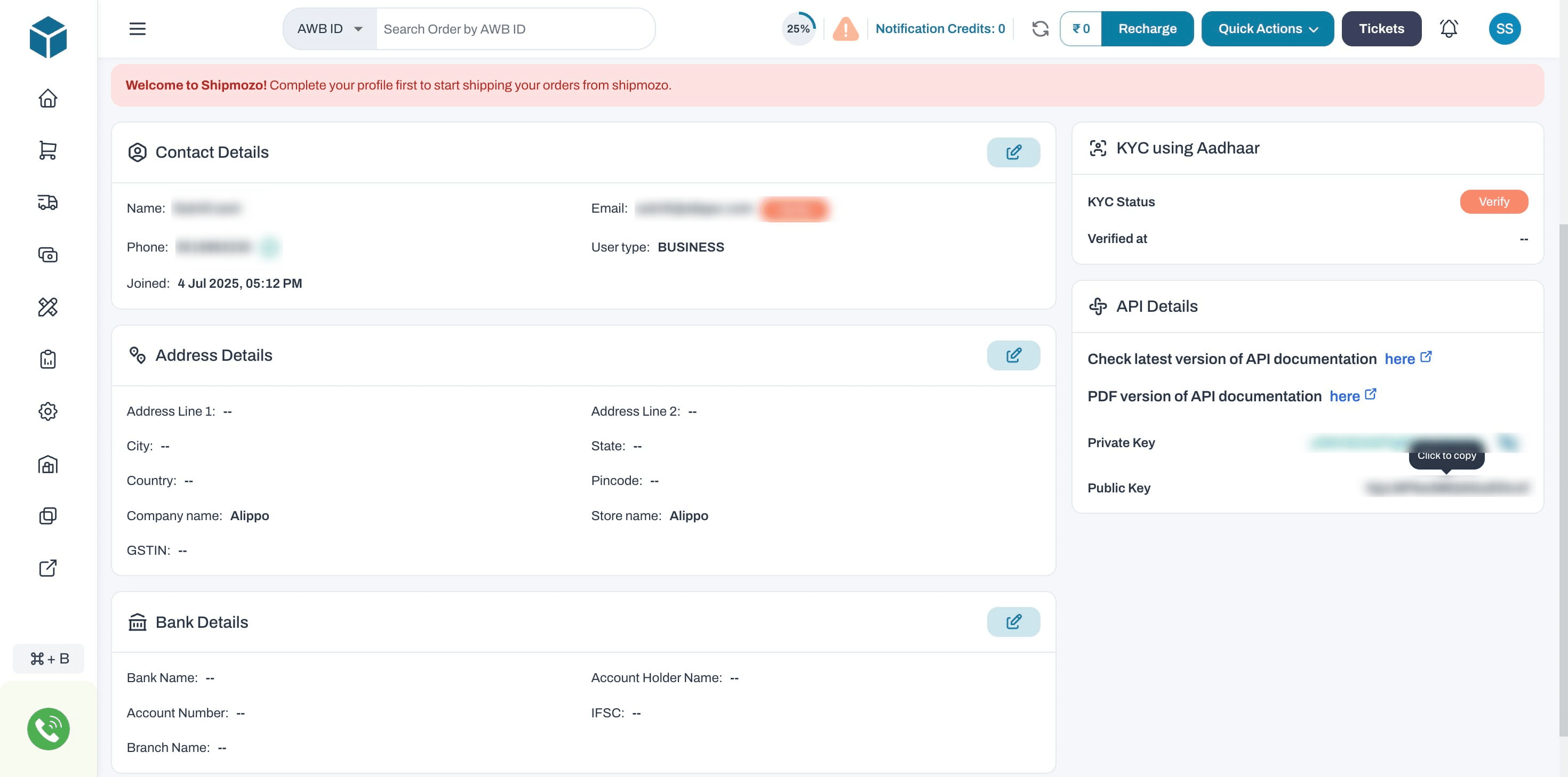 Click "Copy" next to "**Private Key**" and "**Public Key**".