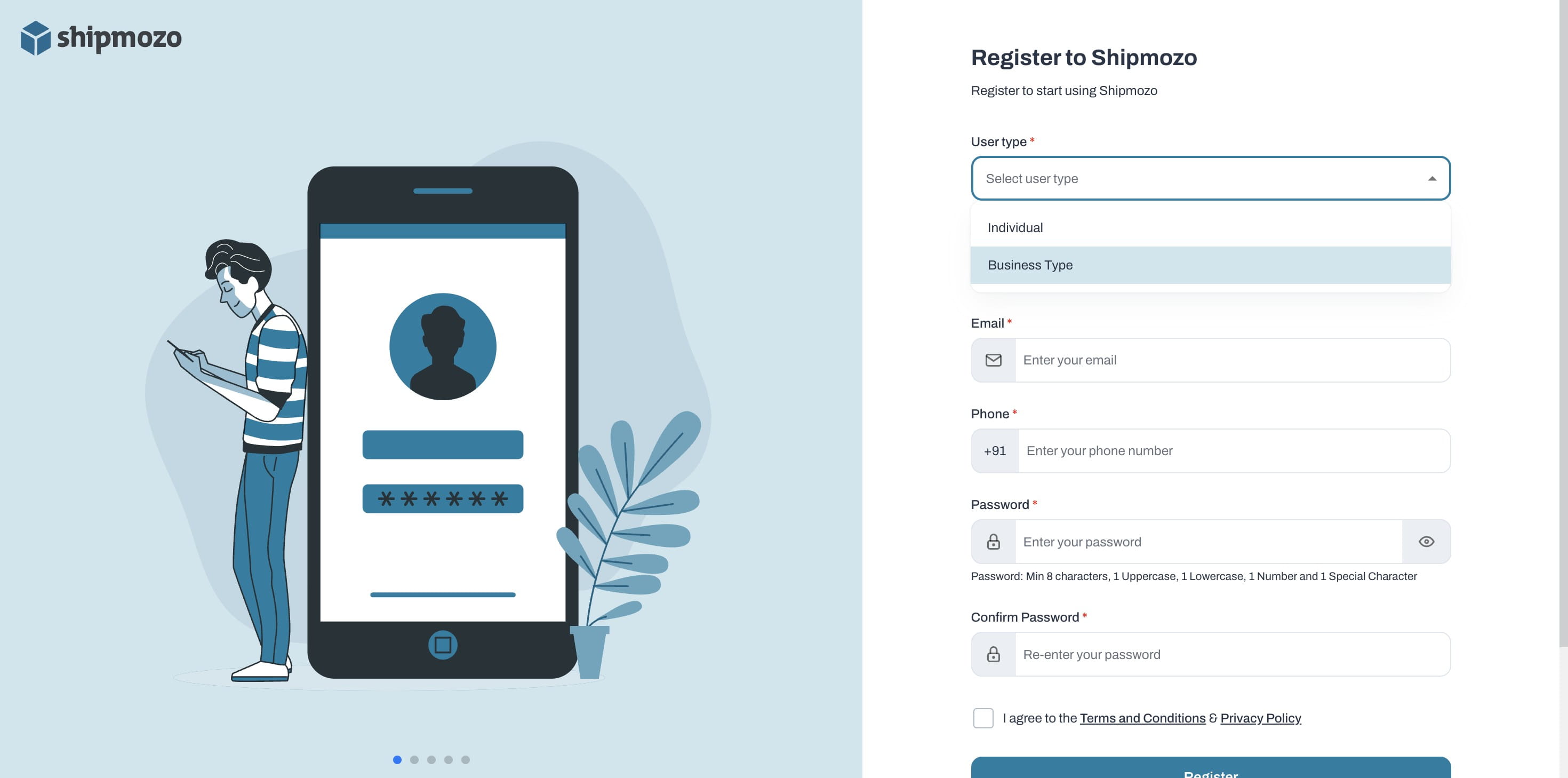 Choose **User Type** (Individual / Business)
