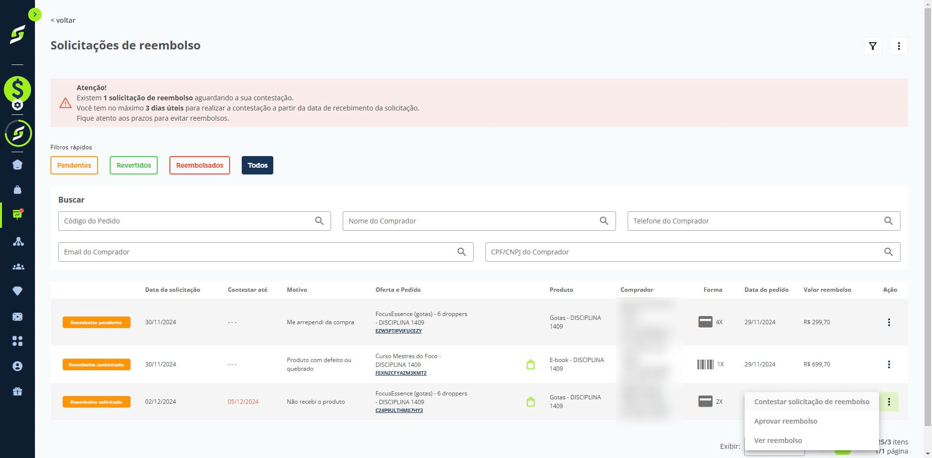 Clique nos **três pontinhos** da solicitação e depois em **"Contestar solicitação de reembolso"**.