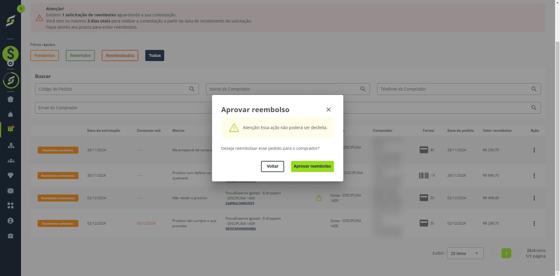 Confirme clicando em **"Aprovar reembolso"**.