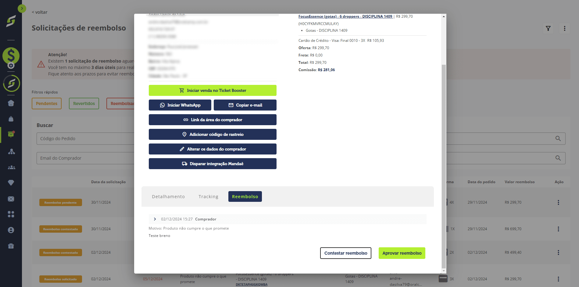 Pronto 🐲\
Agora você pode visualizar todos os detalhes da solicitação, como **mensagens, anexos enviados**, além de **aprovar ou contestar o reembolso**.