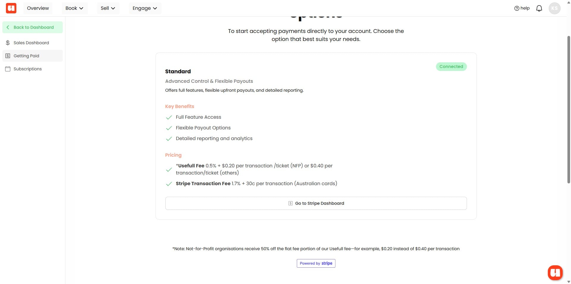 Once finished you'll be redirected back to Usefull. And you should see a green 'connected' badge when your account is verified. As soon as this is complete you'll be able to accept payments and authorisations for bookings and events! 