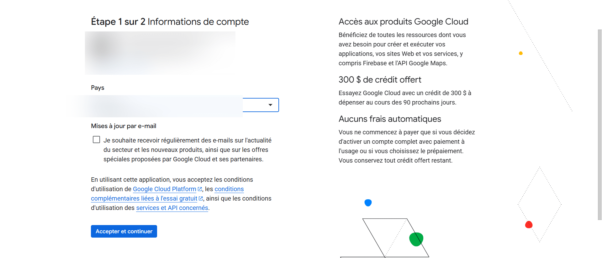 Remplissez les informations nécessaires liés à votre compte comme le pays car  car il détermine la devise de facturation et les taxes applicables.