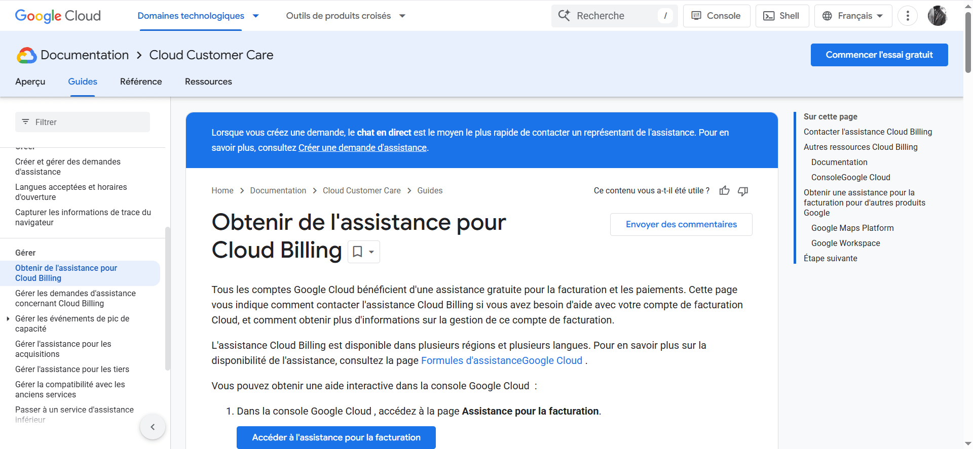 Cliquez sur "Commencer l'essai gratuit" pour activer le cloud billing.
