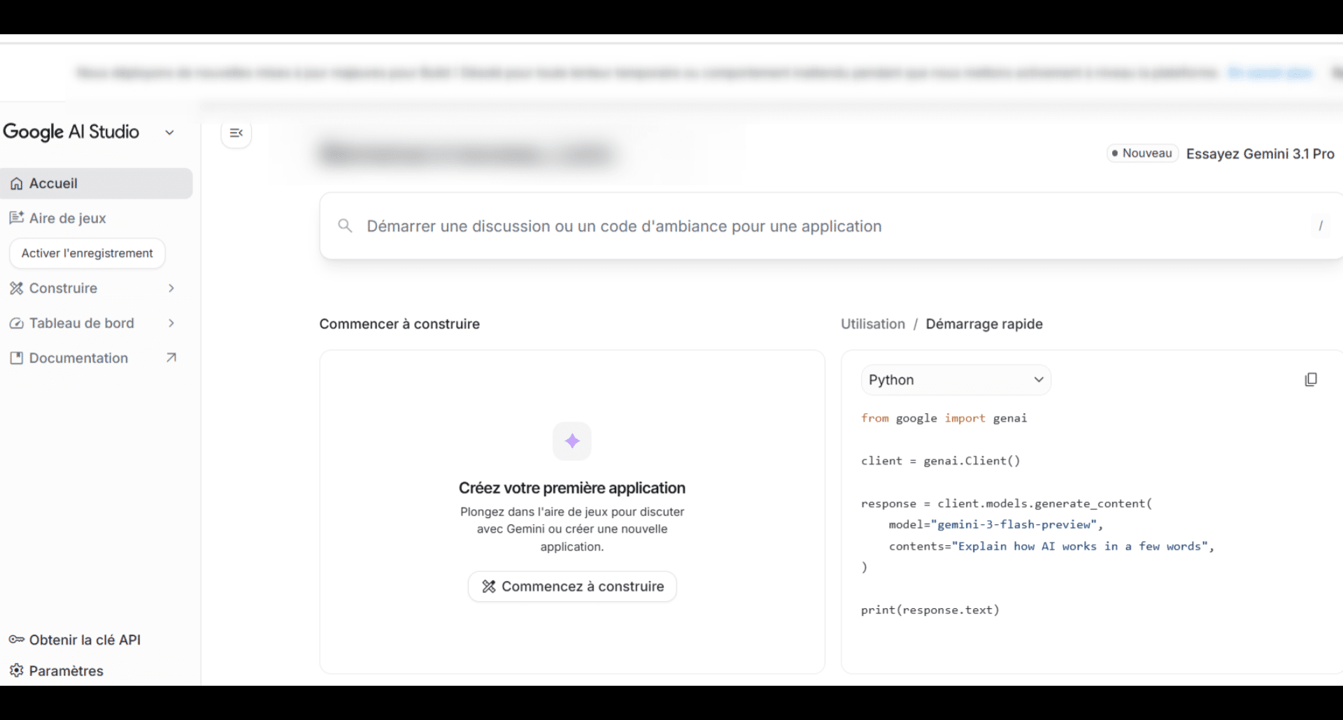 Par défaut, Gemini est gratuit mais limité pour une application stable, il faut passer en mode payant.
&nbsp;
Sur le Dashboard allez dans le menu
"Paramètres"