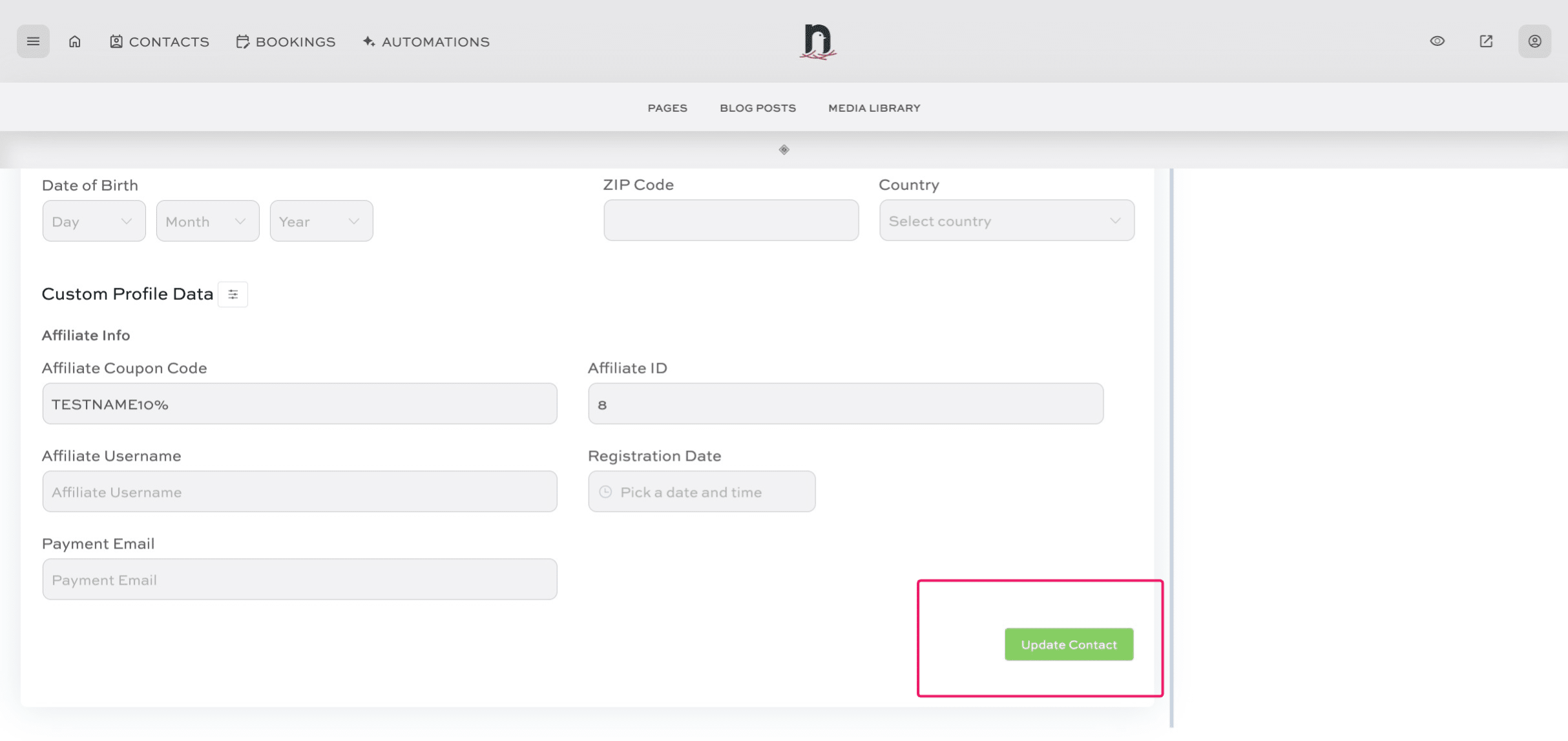 Click 'Update Contact' to save.