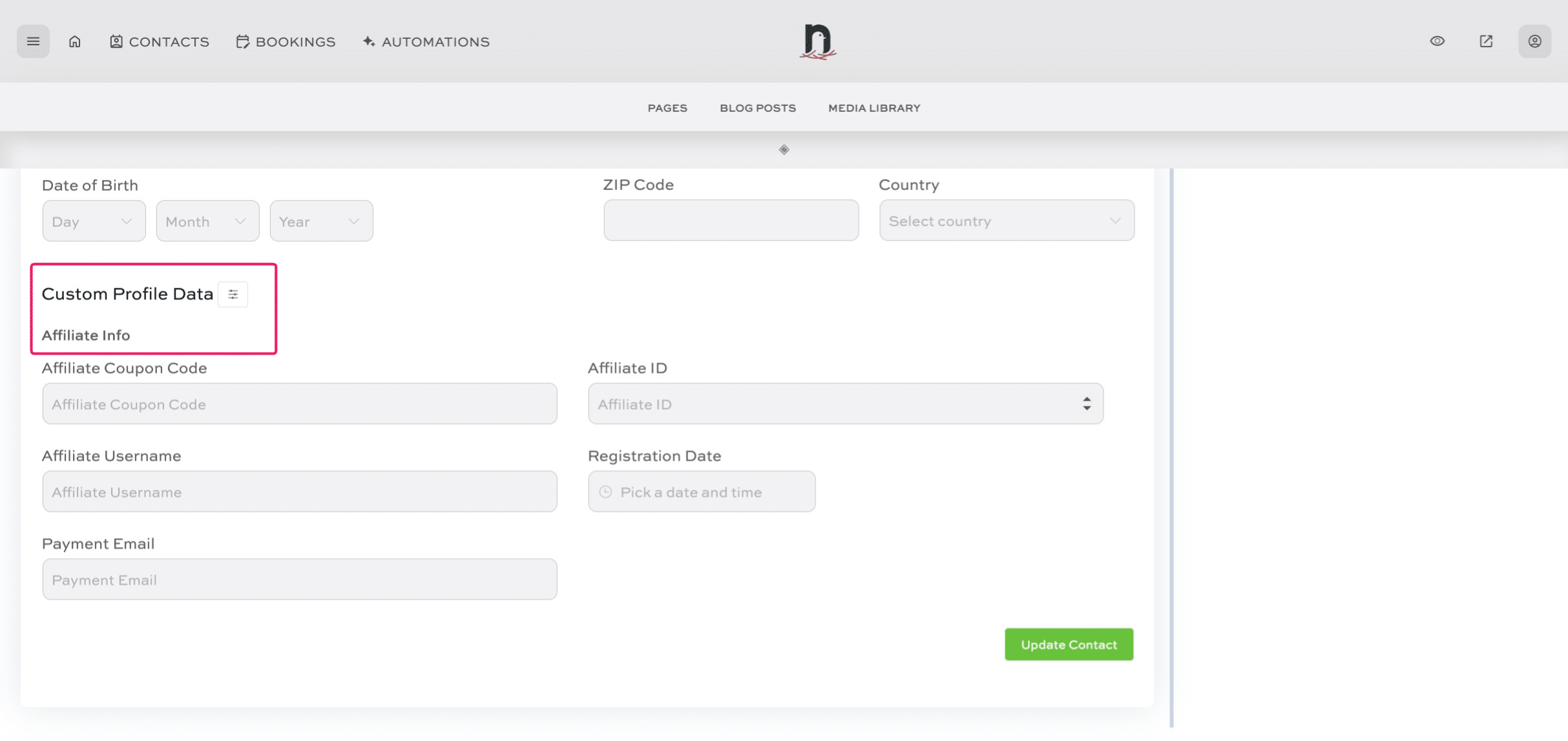 Scroll down to the 'Custom Profile Data' to 'Affiliate Info'.