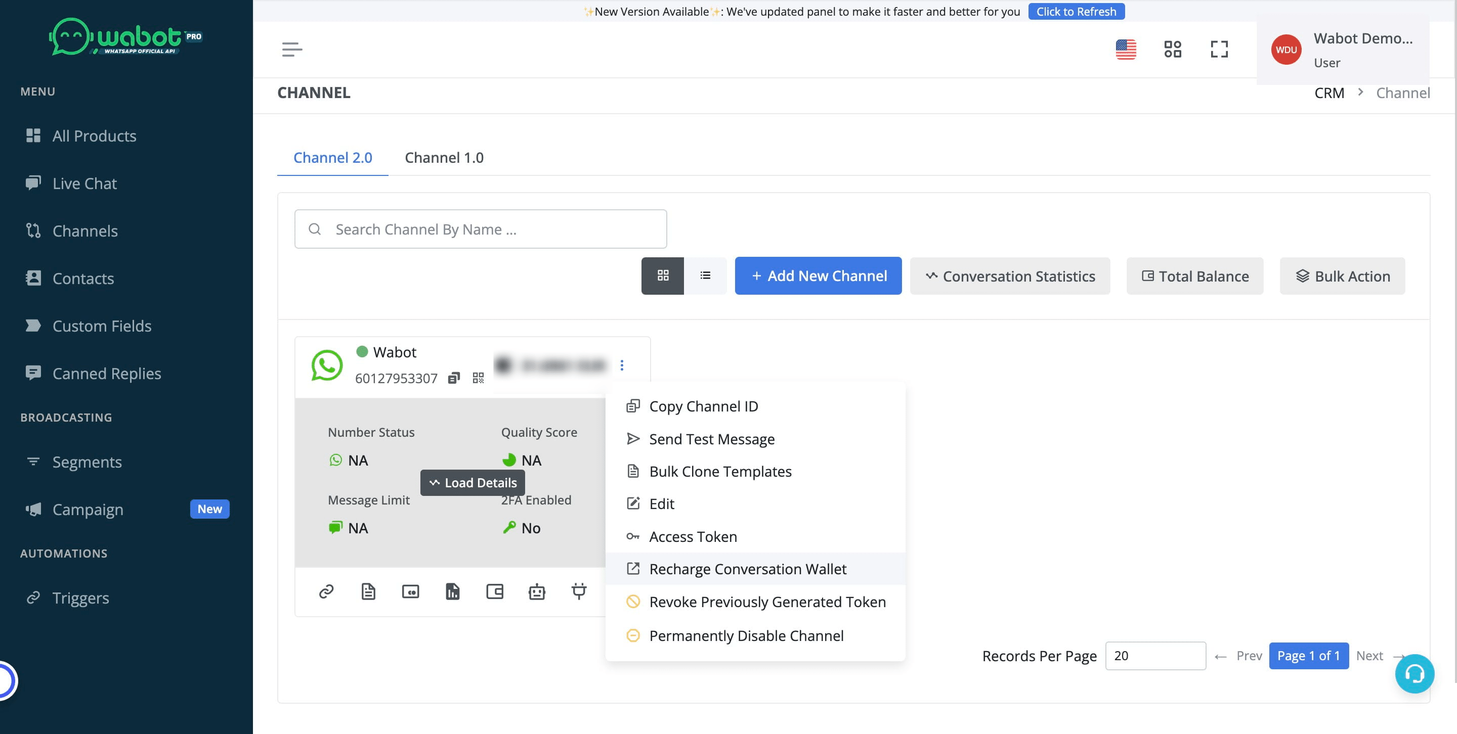 Click "Recharge Conversation Wallet"