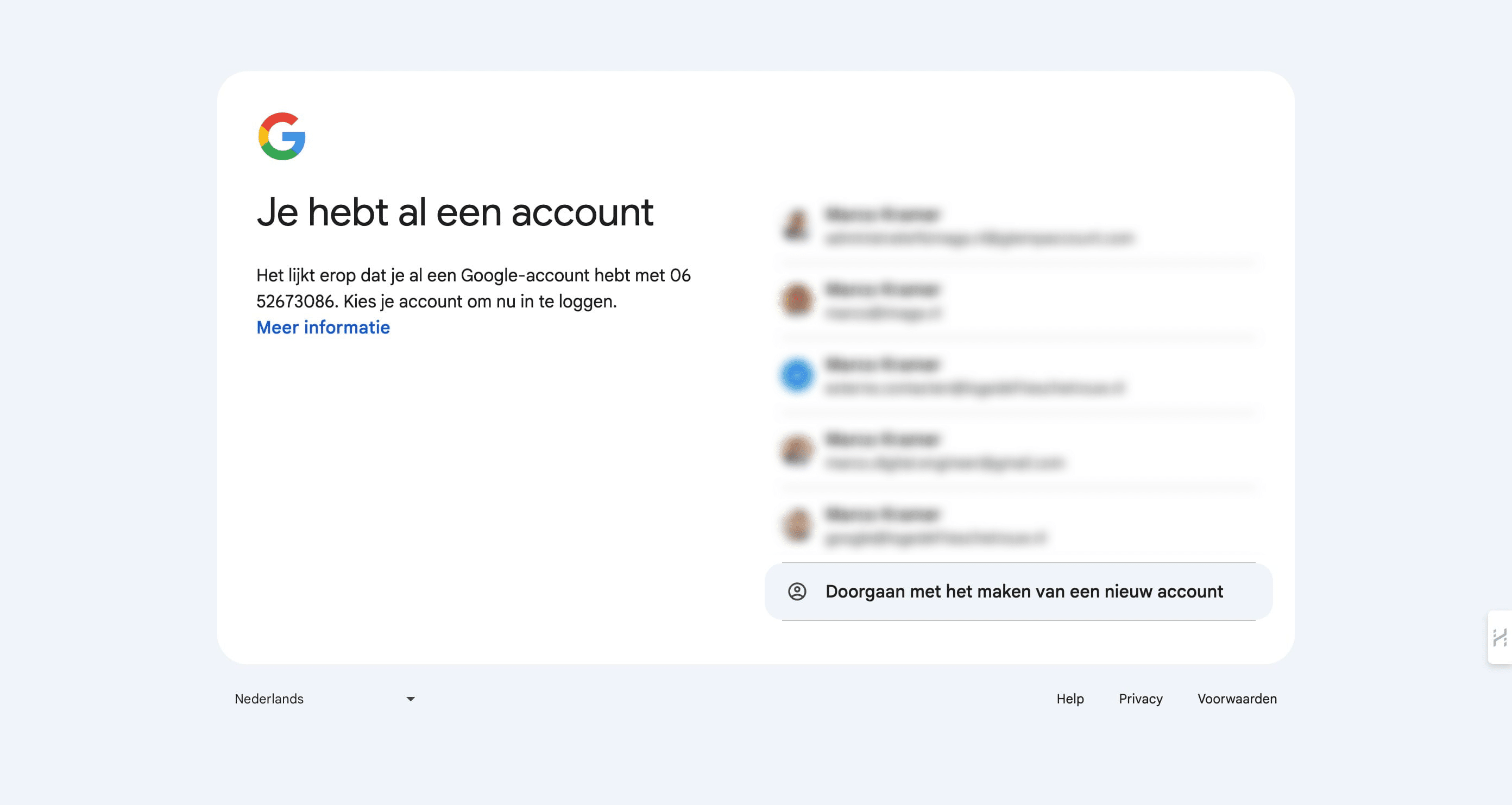 LET OP! Wellicht heb je al een of meerdere Google accounts. Dat geeft niet. Je wilt een NIEUWE. Klik op "Doorgaan met het maken van een nieuw account"