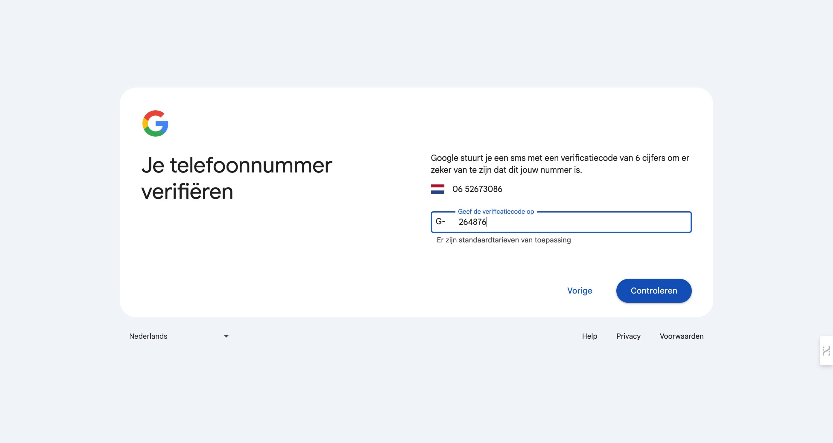 Google heeft je mobiele telefoon een code gestuurd. Vul deze in en klik op "Controleren"