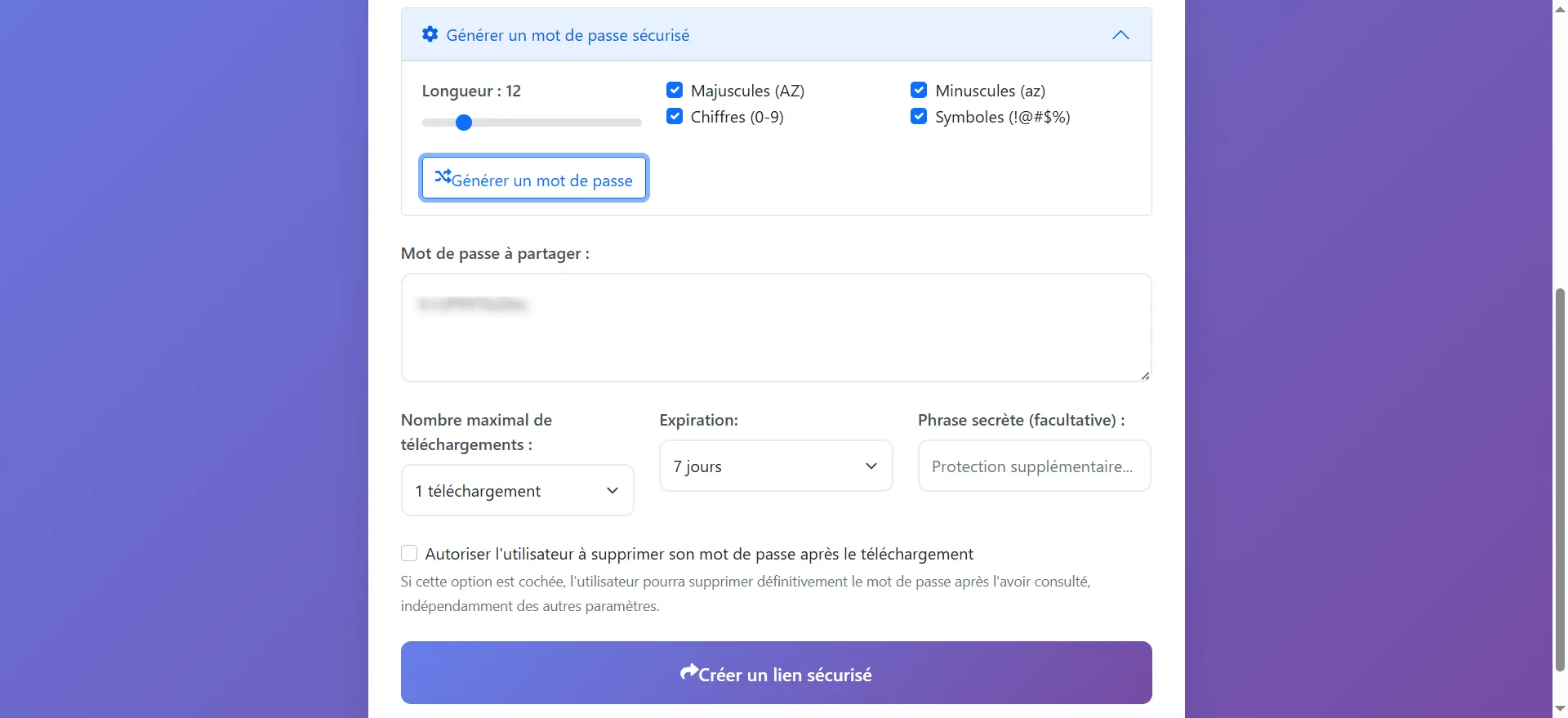 Ajout phrase secrète (facultative):

Pour ajouter une couche supplémentaire de sécurité. Même si quelqu'un parvient à obtenir le lien et le mot de passe, il devra également connaître cette phrase pour accéder aux données.