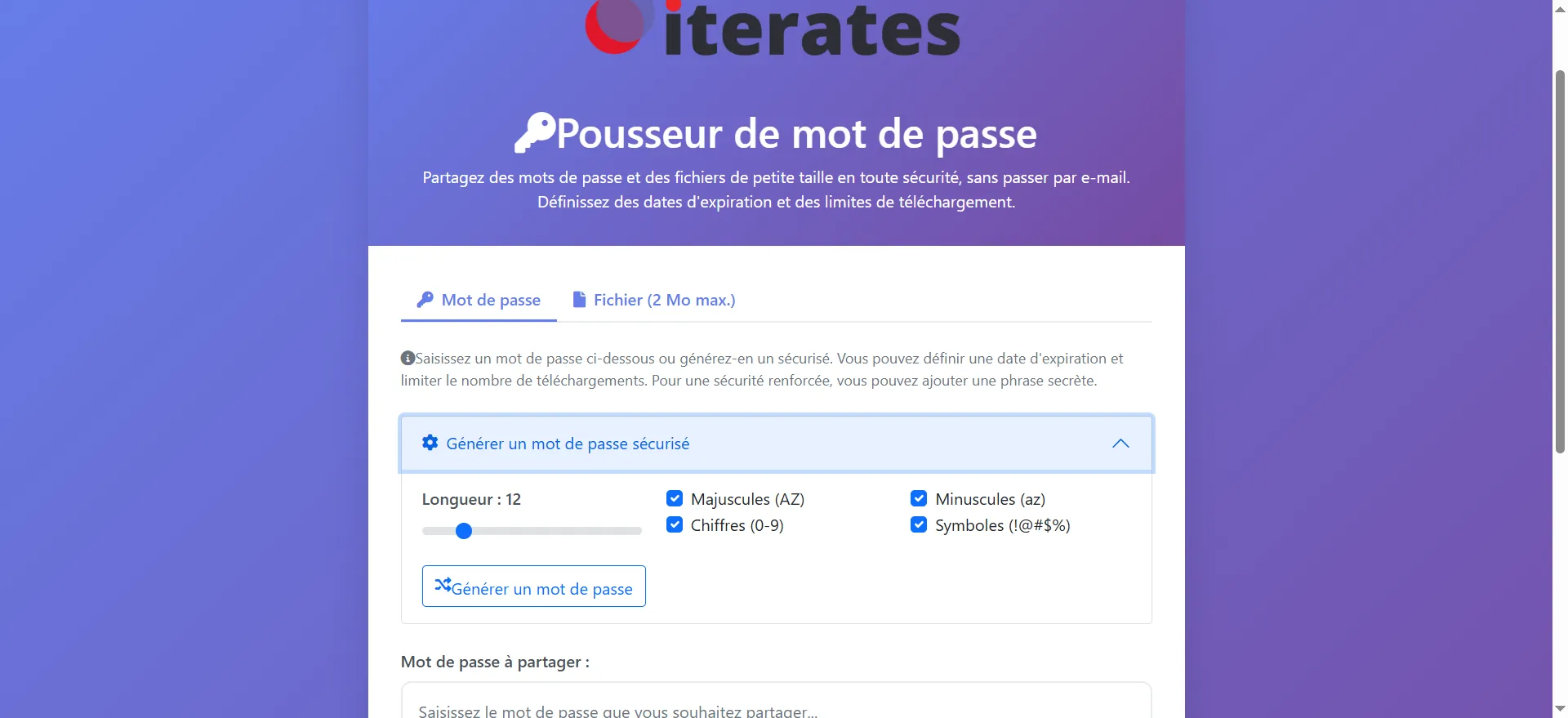 Choisissez les options de personnalisation du mot de passe :

Majuscules (A-Z) 
Minuscules (a-z) 
Chiffres (0-9)
Symboles (!@#$%) 

