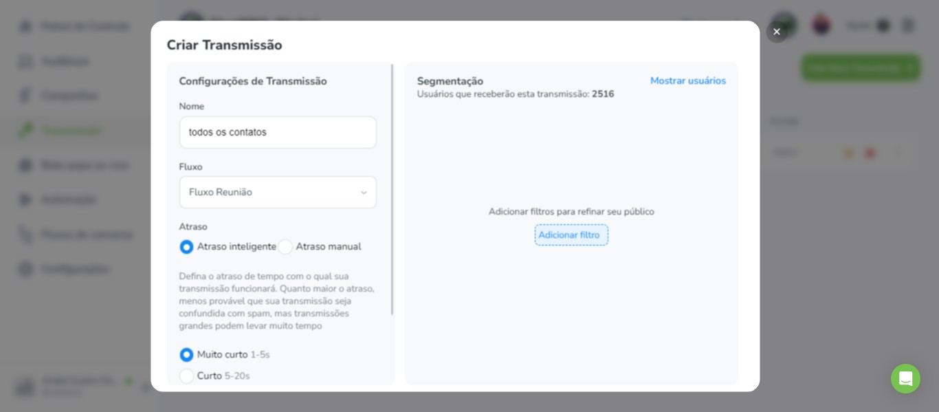 Click on "Configurações de Transmissão"