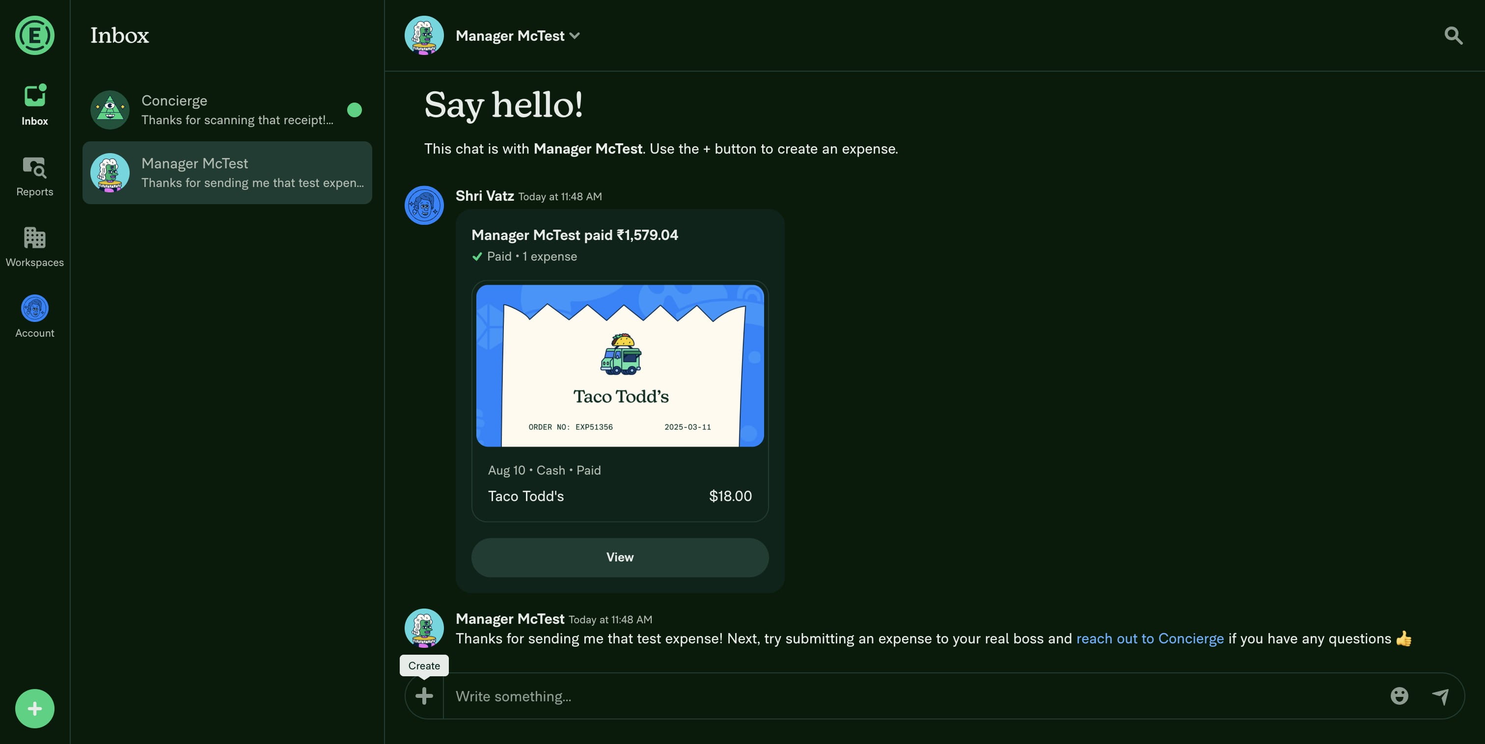 Go to Expensify and click on the '**+**' icon