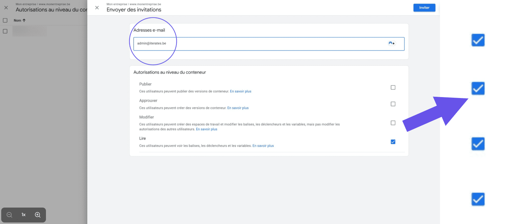 Cochez toutes les autorisations : Publier, Approuver, Modifier et Lire afin de donner un accès complet.