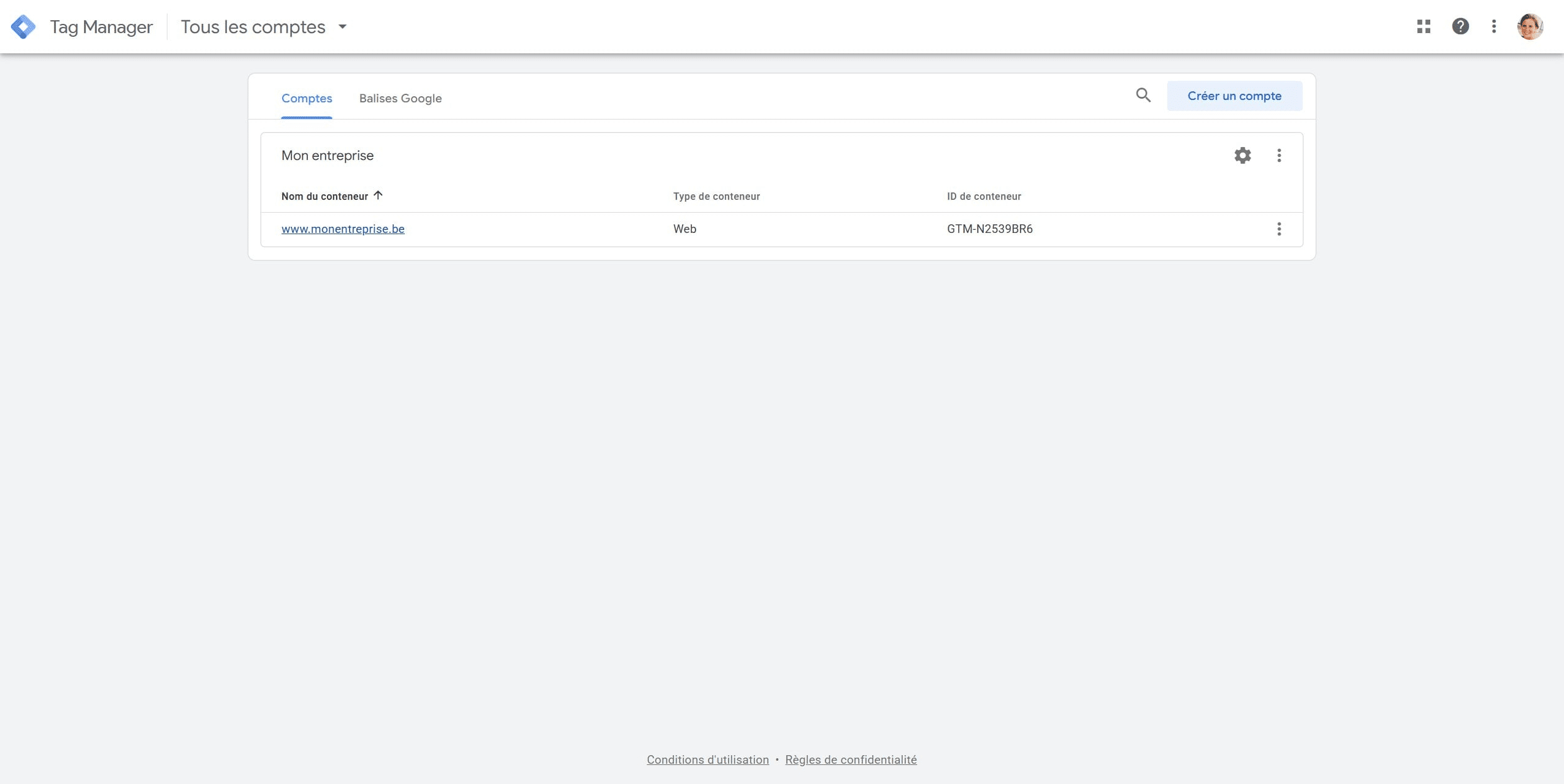 Cliquez sur le compte que vous venez de créer (exemple : [www.monentreprise.be](http://www.monentreprise.be)).