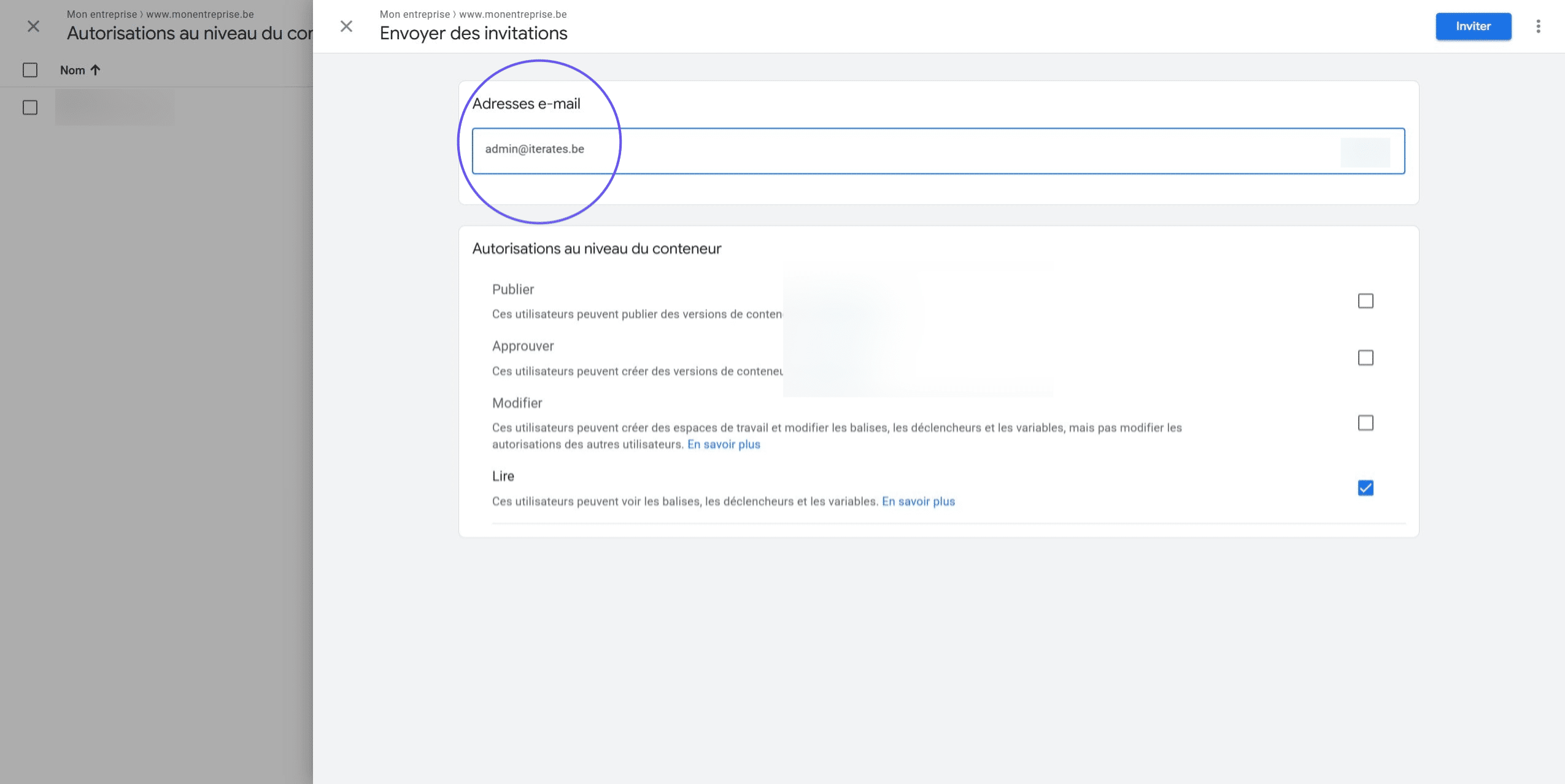 Dans le champ ‘Adresses e-mail’, saisissez l’adresse email [admin@iterates.be](mailto:admin@iterates.be).