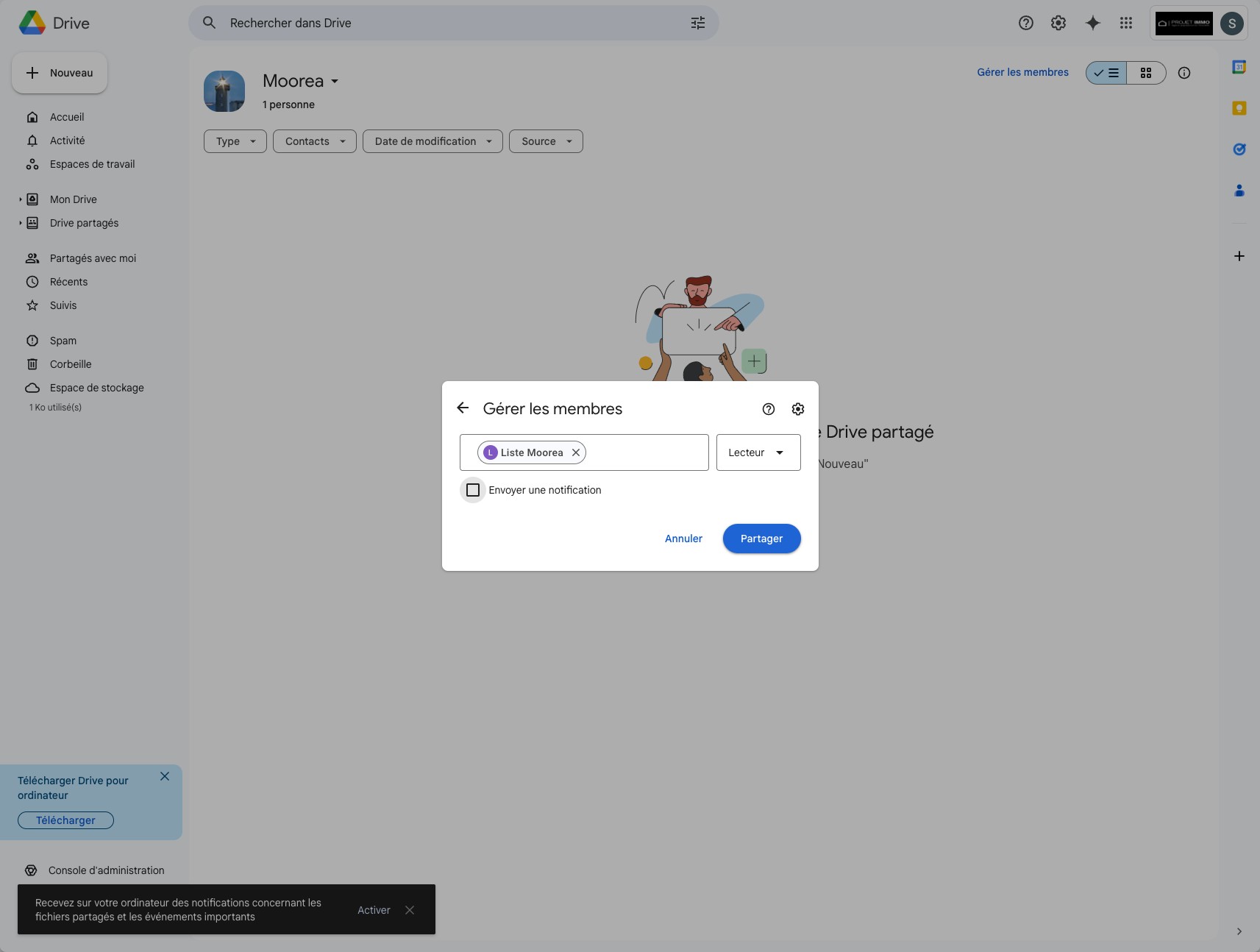 Cliquer sur partager pour confirmer.