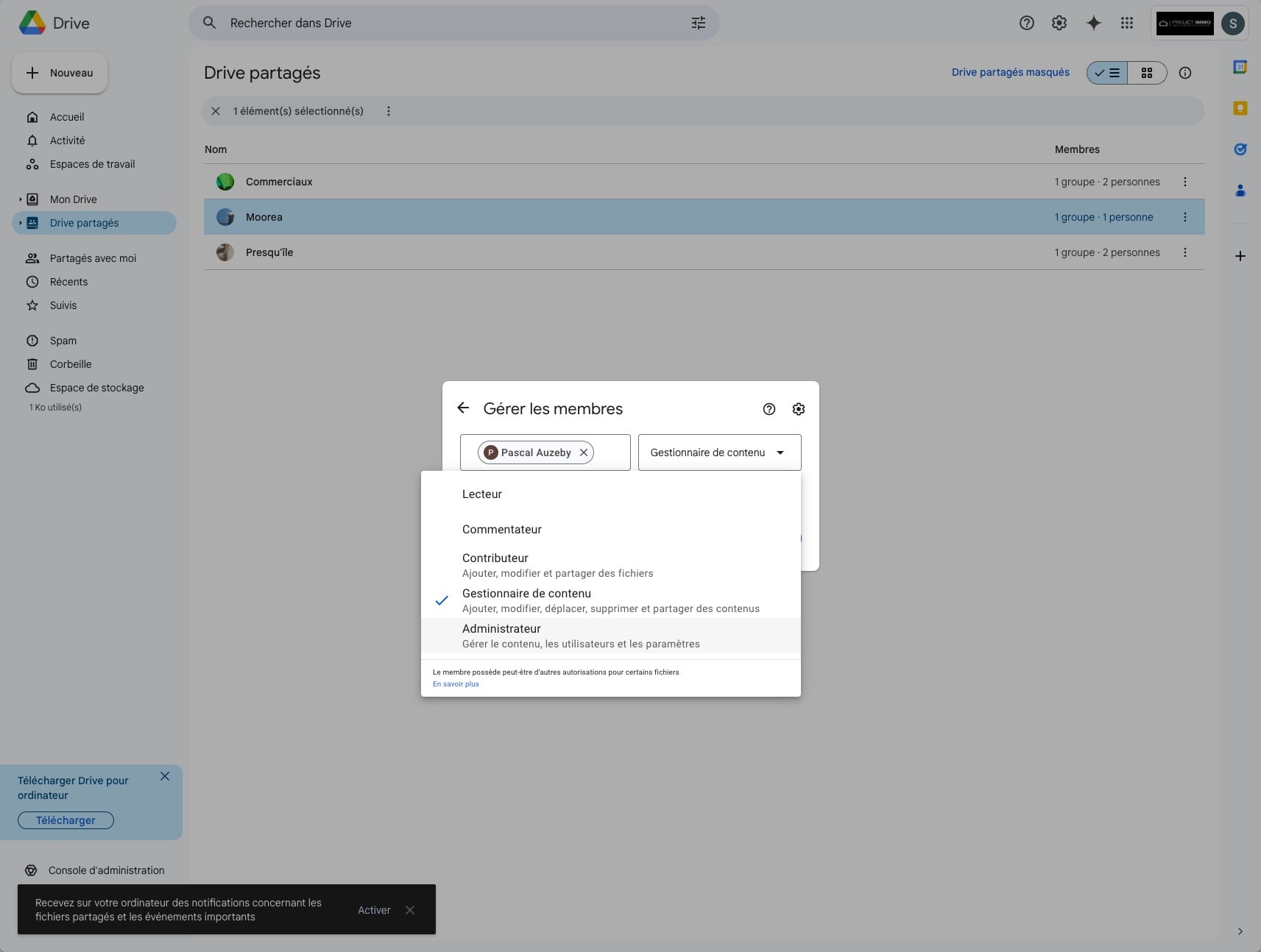 Cliquer sur** Gestionnaire de contenu** puis sélectionner les accès voulurs (ici : Administrateur)