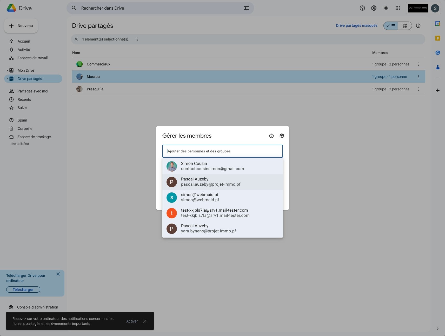 Par exemple : "pascal.auzeby@projet-immo.pf"