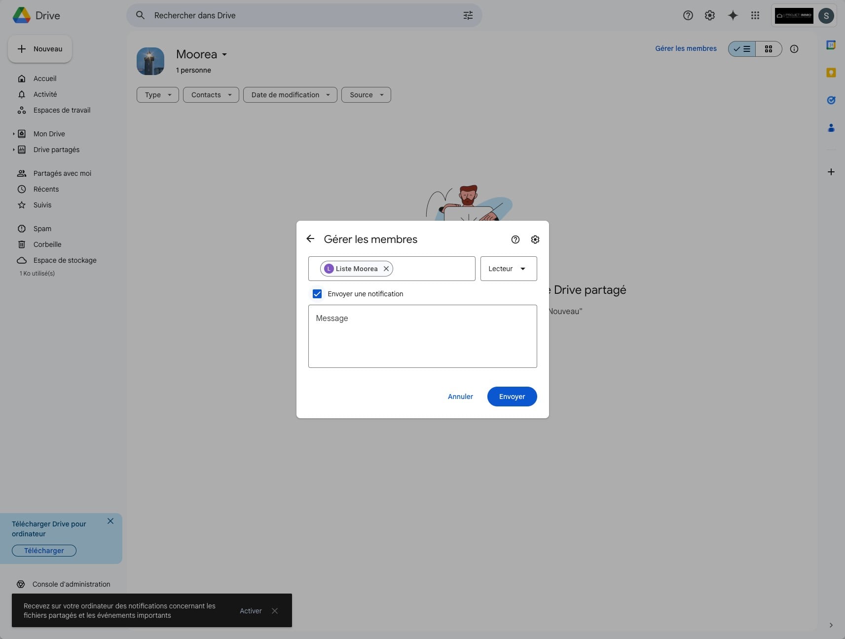 Décocher cette case permet d'éviter d'envoyer une notification à la ou les personnes sélectionnées. Il est toutefois possible de la laisser cochée et d'ajouter un message d'accompagnement pour avertir les personnes.