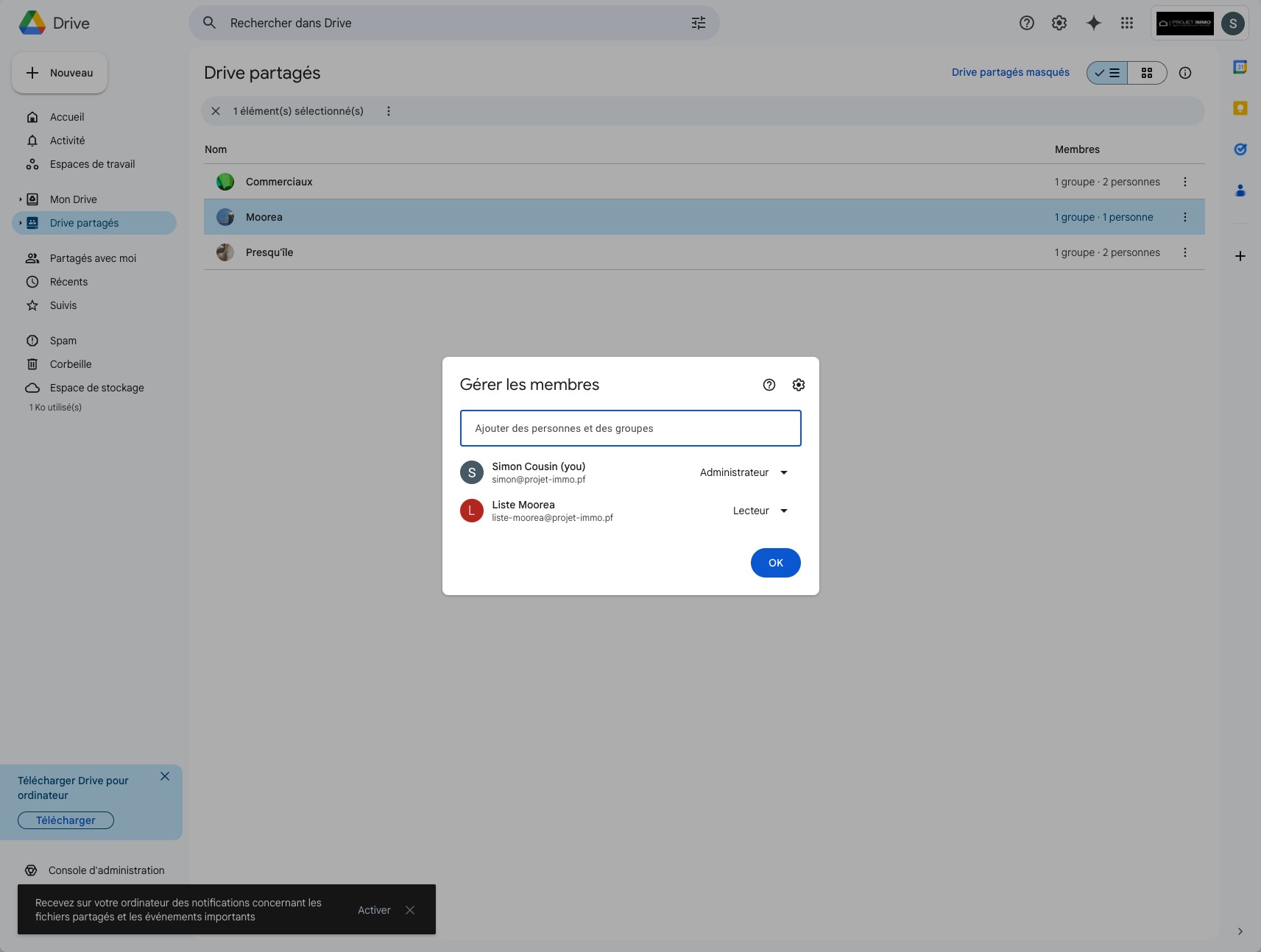 Ajouter ensuite les emails nécessitant l'accès au dossier.