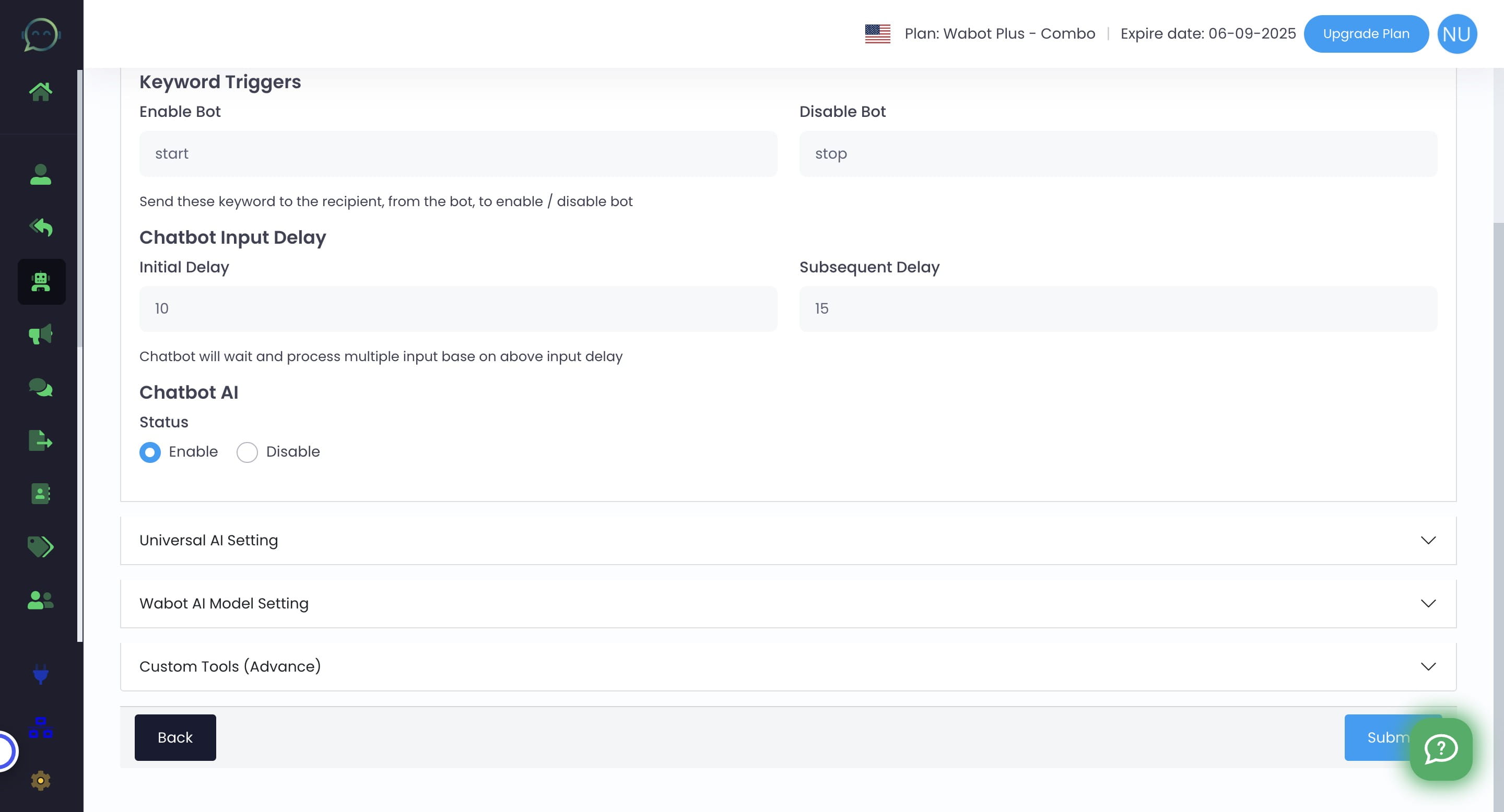 Settings in Chatbot AI