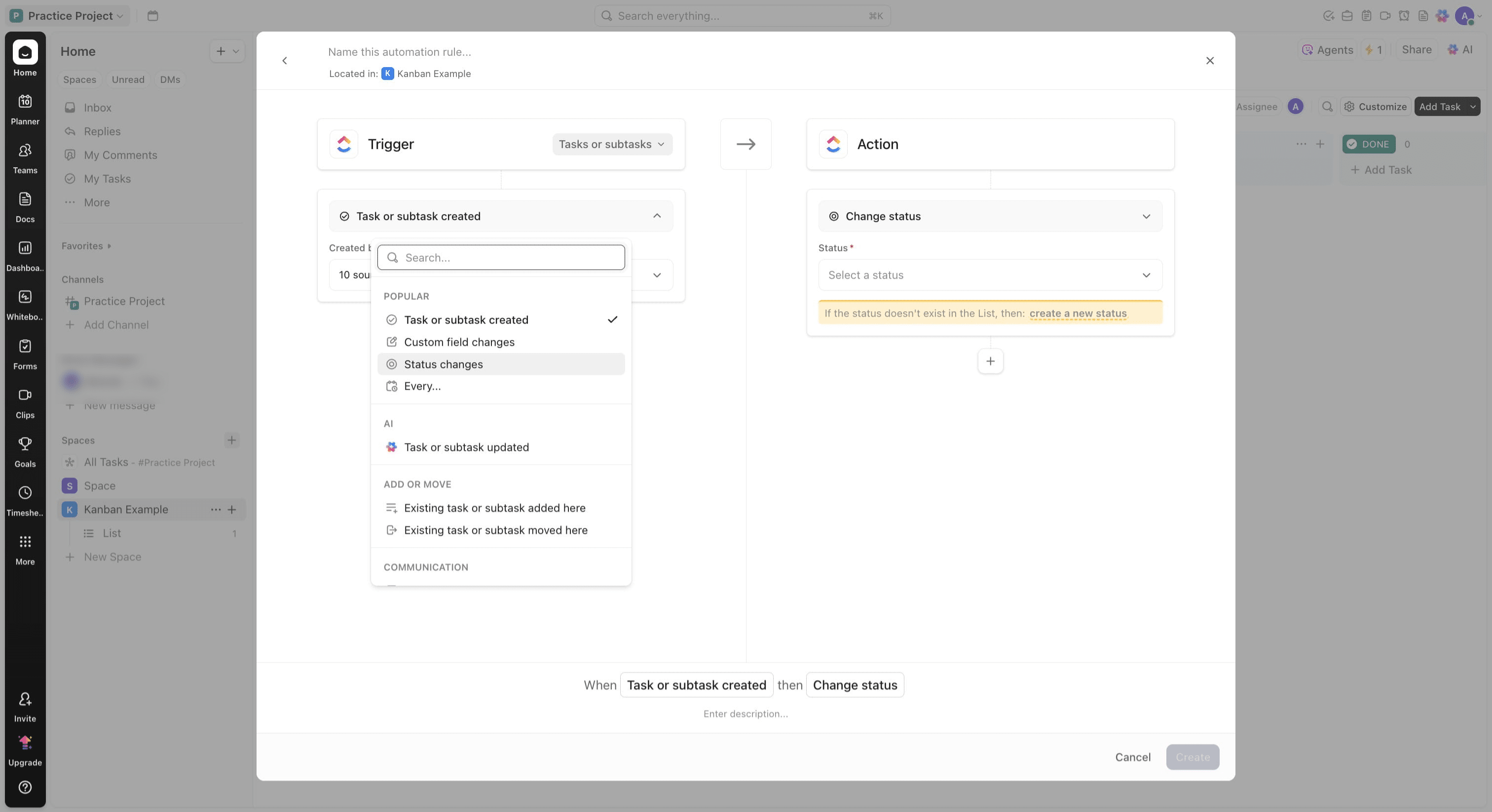 Click on "Status changes"