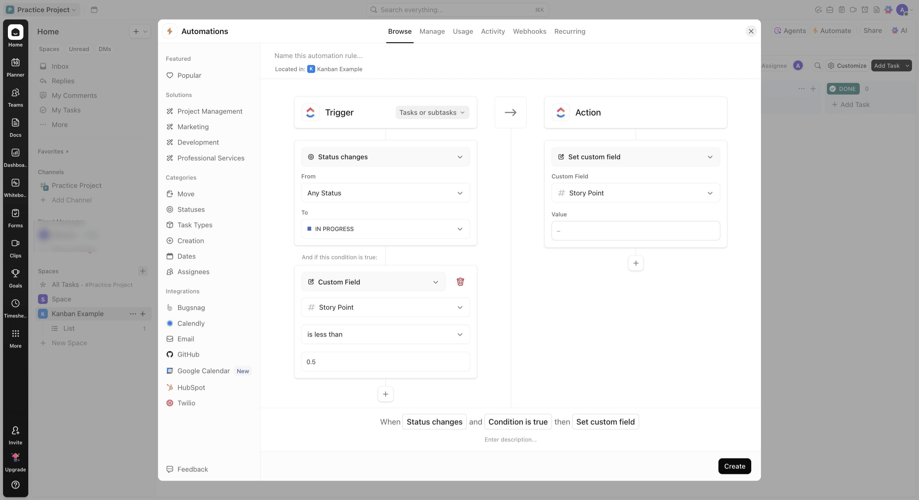 Update the Action section to include and set Custom field, select story point and add 3 to the value field
